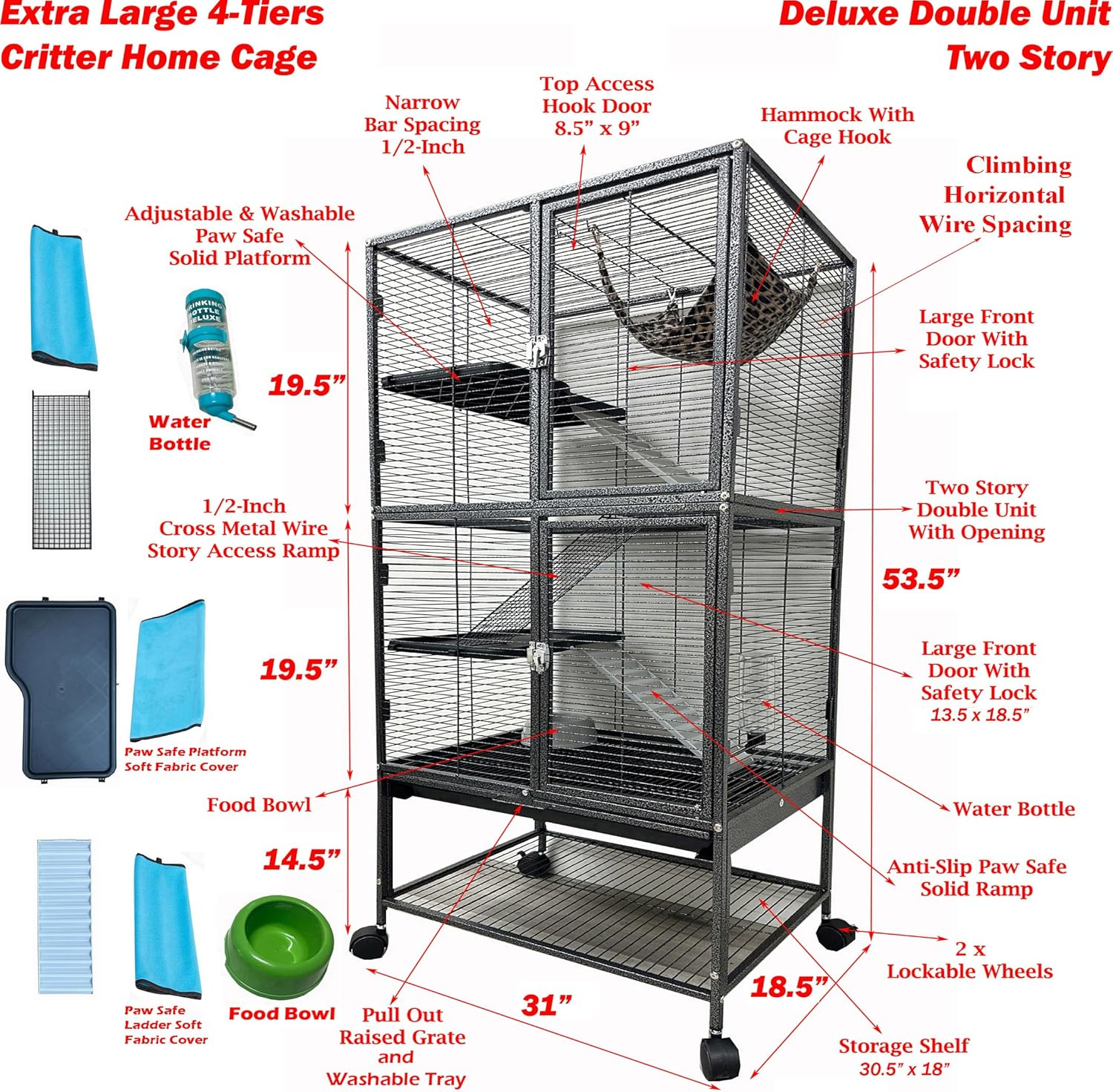 X-Large 31"X18.5"X53.5"H Deluxe Double Unit 4-Tiers Tight 1/2-Inch Bar Spacing Large Front Doors Water Bottle Food Bowl Feisty Ferret Hammock Squirrel Chinchilla Rat Small Animal Critter Rolling Cage image number 5