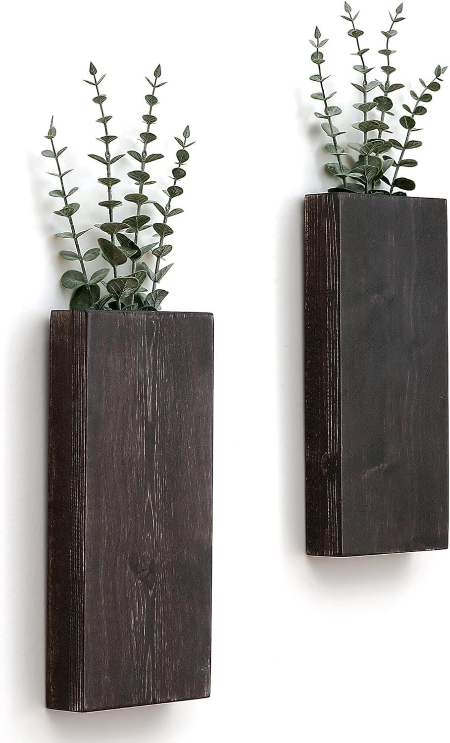 Wood Wall Planter Set of 2, Wood Wall Pocket for Greenery and Dried Flowers, Indoor Wood Hanging Vase, Modern Farmhouse Wall Decor for Living Room Bedroom Office Eucalyptus Stems Decorations (Walnut)