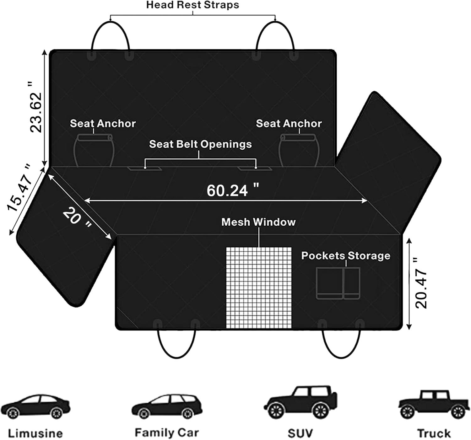 Femuar Dog Car Seat Cover, Waterproof Nonslip Pet Seat Cover for Back Seat with Storage Pockets Mesh Visual Window, Scratch Proof Pet Dog Seat Cover Hammock for Cars Trucks and Suvs, Xl-Black image number 5