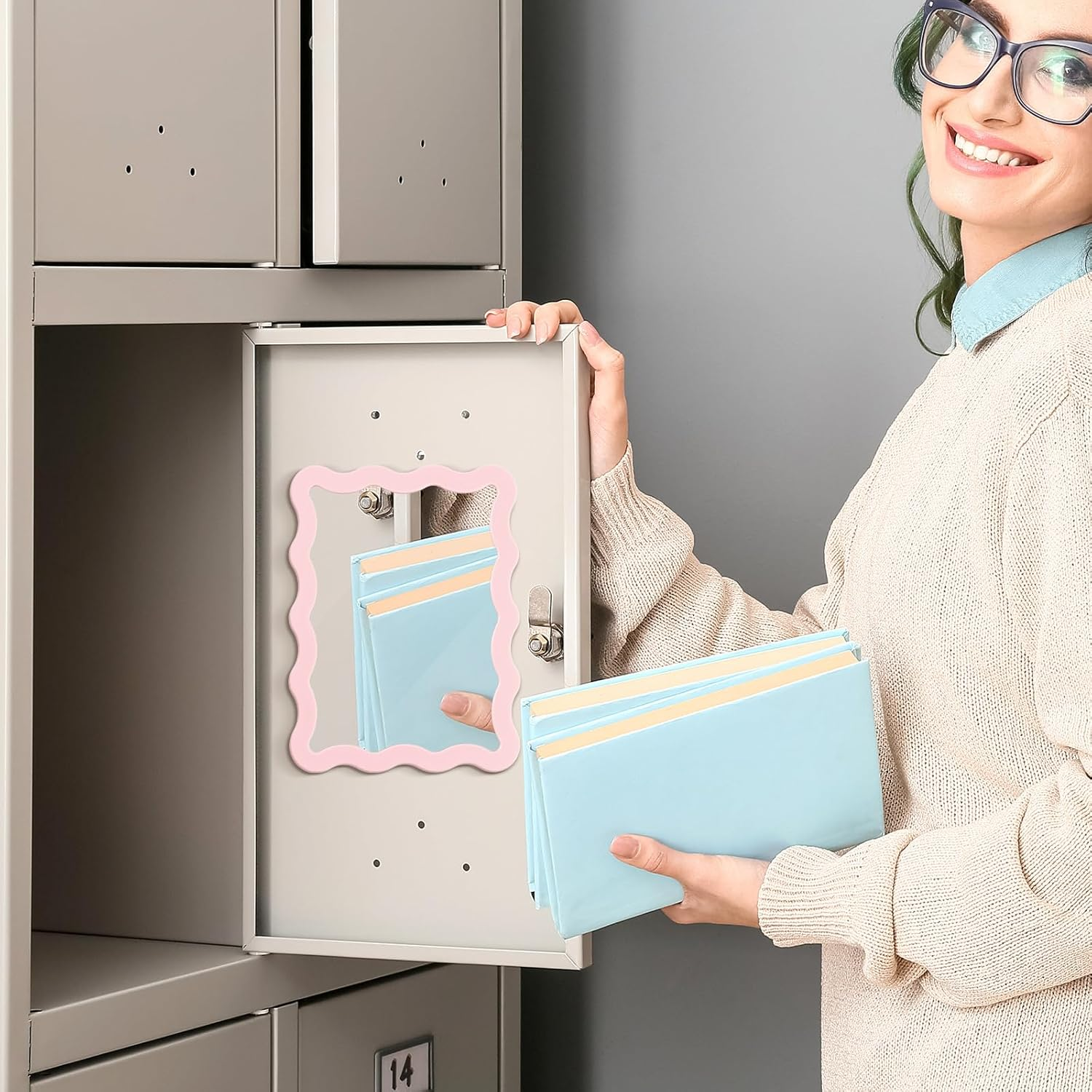 Leinuosen Scalloped Magnetic Locker Mirror 5''X7'' Small Real Glass Makeup Mirror with Magnetic Backing Cute Locker Decorations for Office Cabinet Lockers Accessories(Light Pink) - Blue image number 6