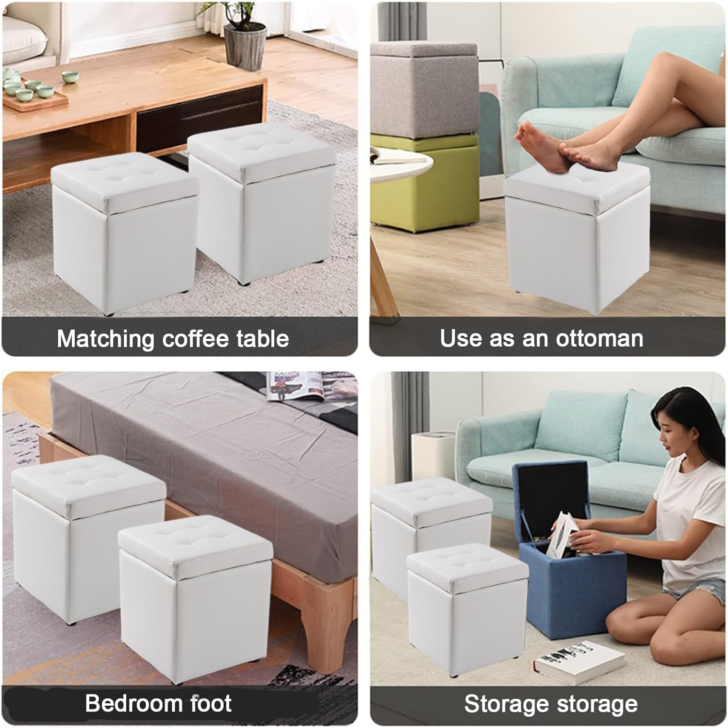 Uandhome Storage Ottoman Cube Storage Box,Multipurpose Foot Stool PU Faux Leather,Small Square Ottoman Shoe Bench with Padded Seat for Living Room Bedroom Dorm (White) - Black image number 5