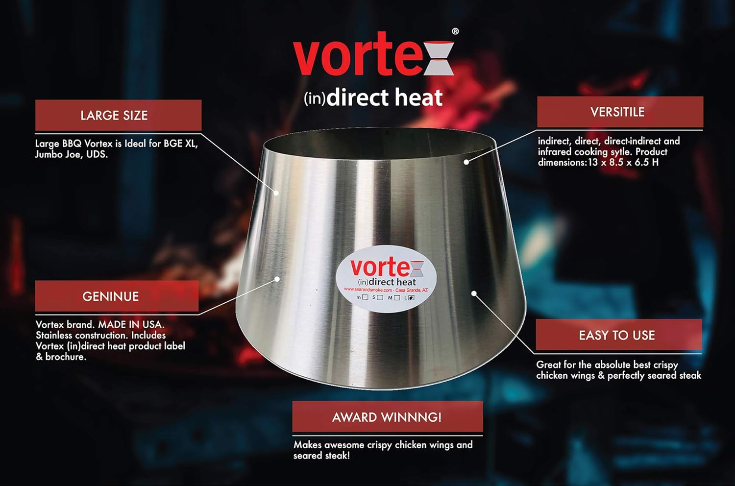 VORTEX (IN) DIRECT HEAT Large Bbq Vortex (In) Direct Cooking Charcoal Grill Accessory Cone for Bge Xl Jumbo Joe Uds 55 Gal - Original - Usa Made -Genuine Large Size