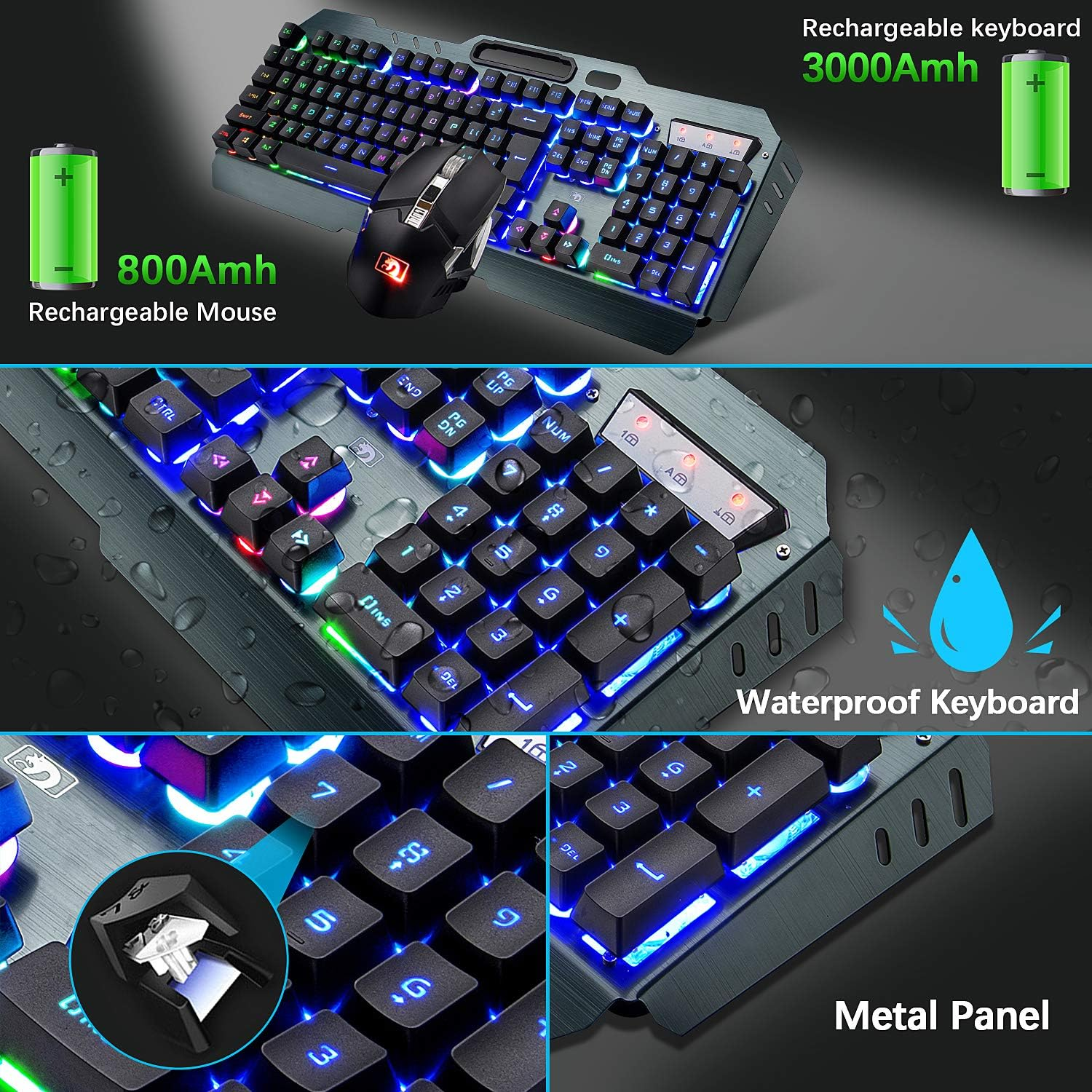 Rechargeable Keyboard and Mouse,Suspended Keycap Mechanical Feel Metal Panel Gaming Keyboard Mouse Combo,3800Mah Large Capacity Lithium Battery,Anti-Ghosting (Rainbow) image number 4