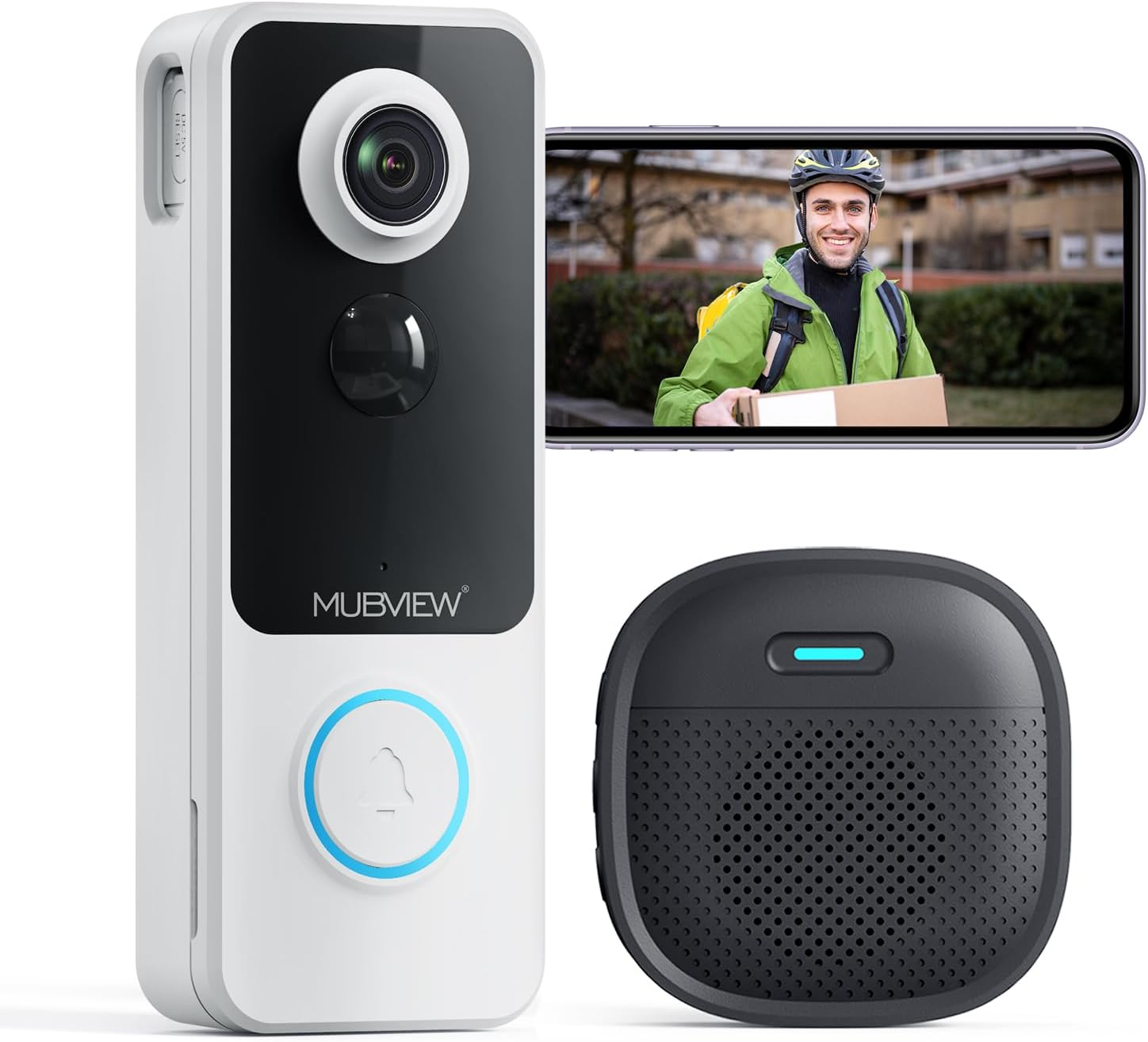 MUBVIEW Doorbell Camera Wireless with Chime, Video Doorbell - No Subscription, Voice Changer, Motion Zones, 1080HD, PIR Human Detection, 2.4Ghz Wifi, Battery-Powered Smart Doorbell