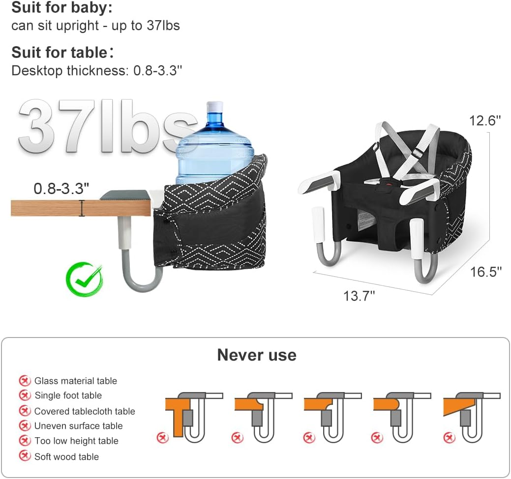 MTWML Portable High Chair for Table,Hook on High Chair That Attaches to Table,Space Saver Counter Clip on Chair for Baby,Easy Clean Baby Feeding Seat with Carry Bag for Travel(Stripe-Black) - Single Tray image number 4