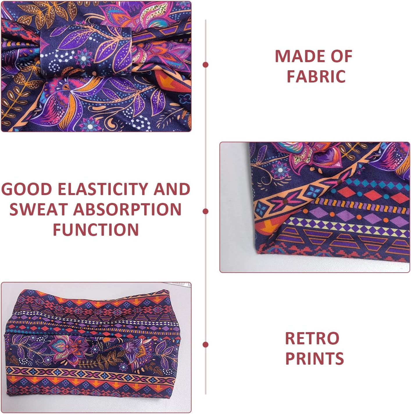 Pack of 6 Stretch Headbands, Retro Printed Headband, Wide Cut Hair Accessories, Sporty Sweat-Absorbing Headband image number 5