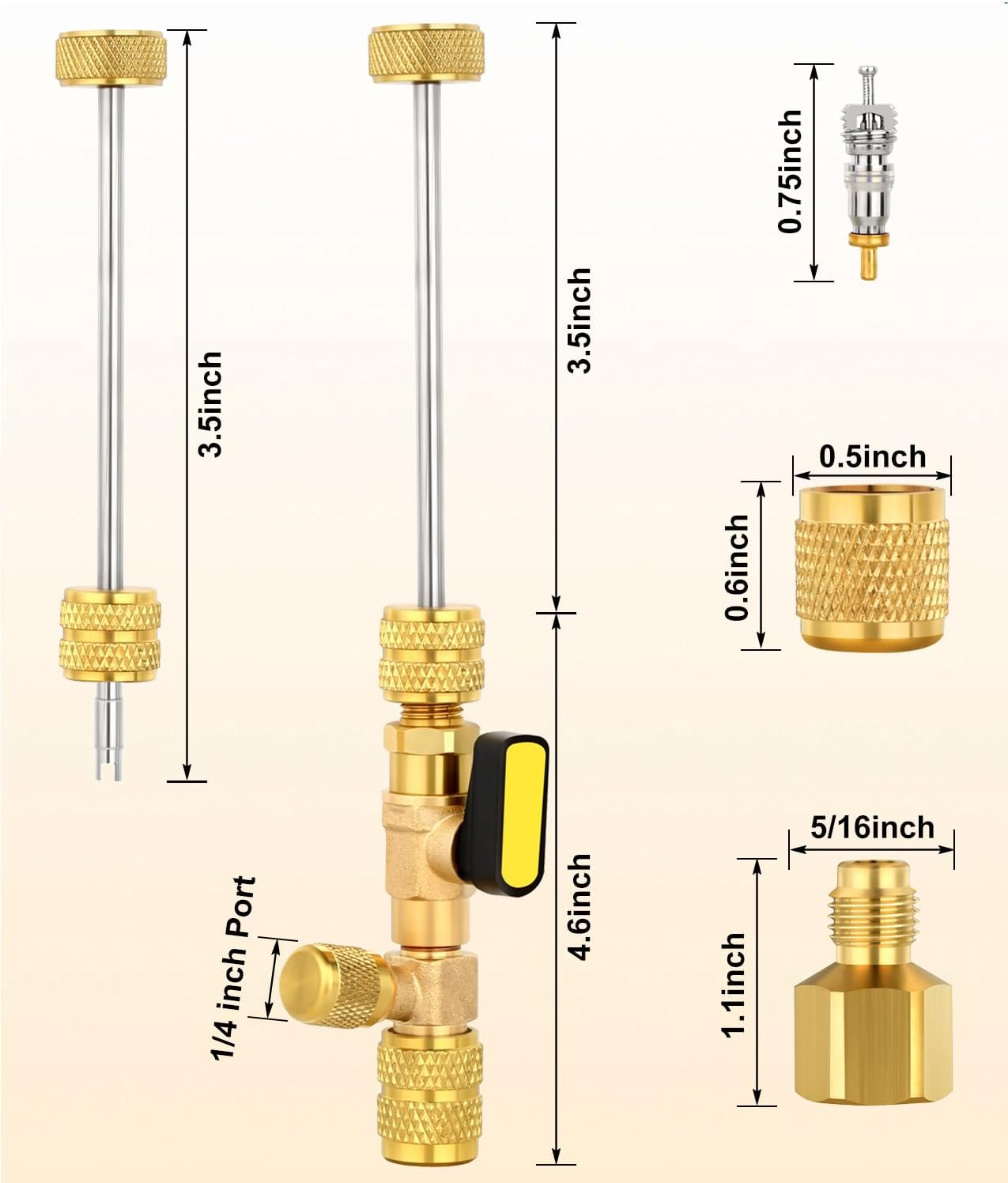 WADEO Valve Core Remover Tool HVAC with Dual Size SAE 1/4 & 5/16 Port, 20 PCS Valve Cores with Teflon Seal, 5 PCS Brass Nuts and Valve Core Rod, Compatible with R410A R32 R22 R12 R407 R404 R600 image number 1