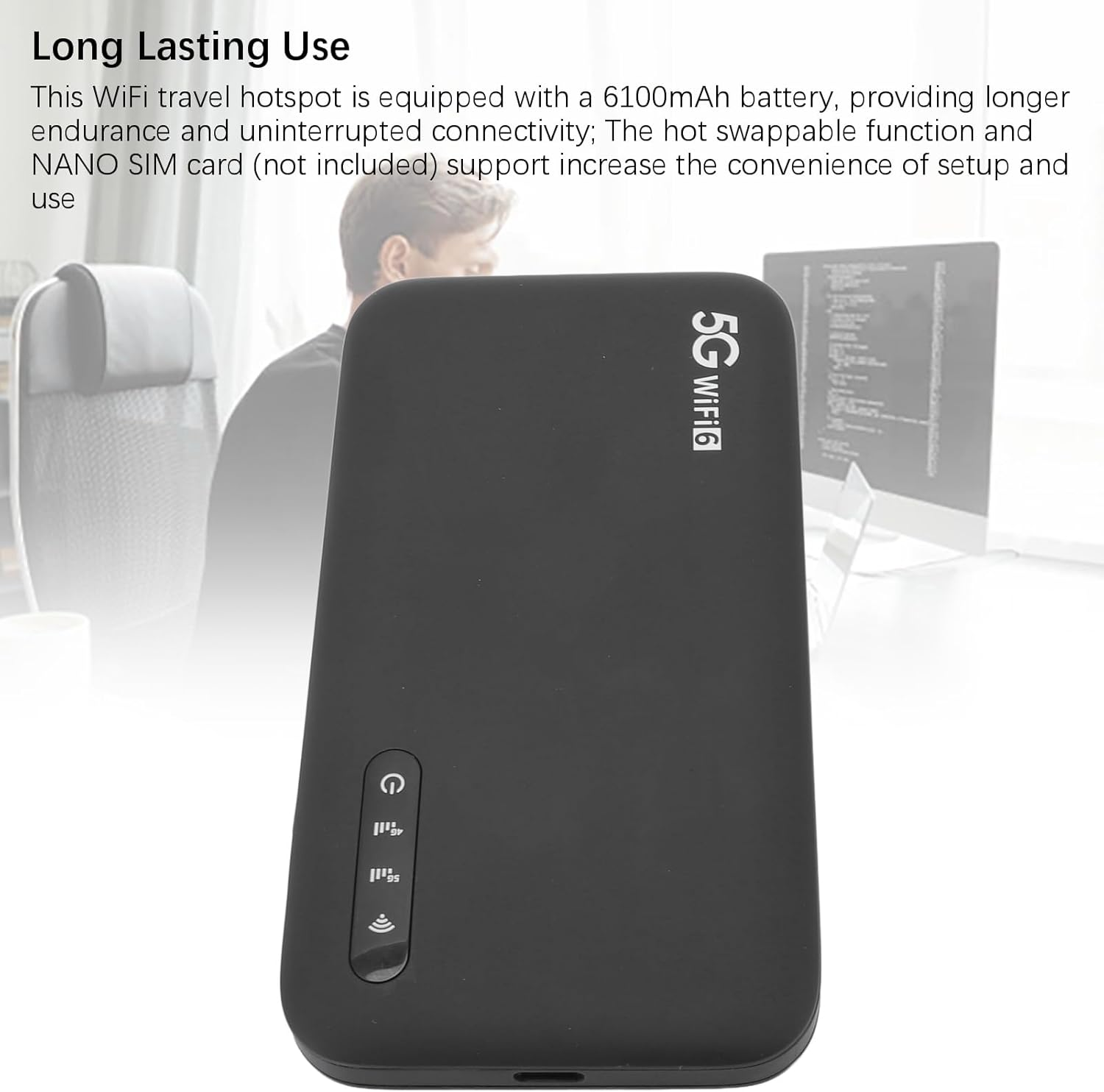 5G Wifi 6 Portable Hotspot Router with SIM Card Slot Supports 16 Devices 6100Mah Battery, LED Light Monitor, for Home and Travel Use image number 3