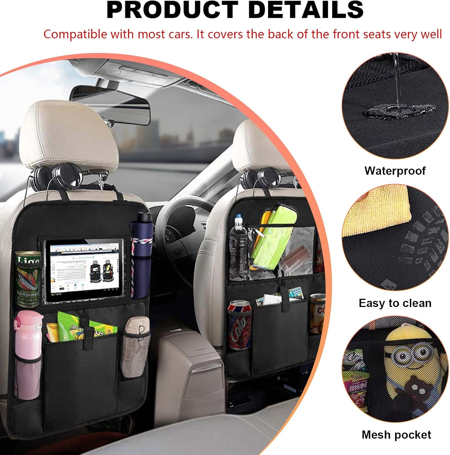 2 PCS Car Backseat Organizer, Heavy Duty Seat Back Storage Bag with Touch Screen Tablet Holder, Waterproof Kick Mats Back Seat Protector for Kids Toddlers, Car Accessories (Large Pocket) image number 5