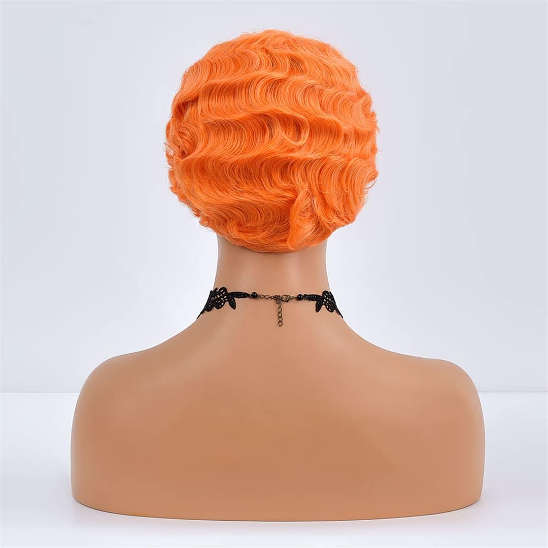 Orange Short Finger Wave Wig Vintage Synthetic Wigs for Black Women 6Inch Retro Curly Cosplay Halloween Party Hair TB107-2 image number 4