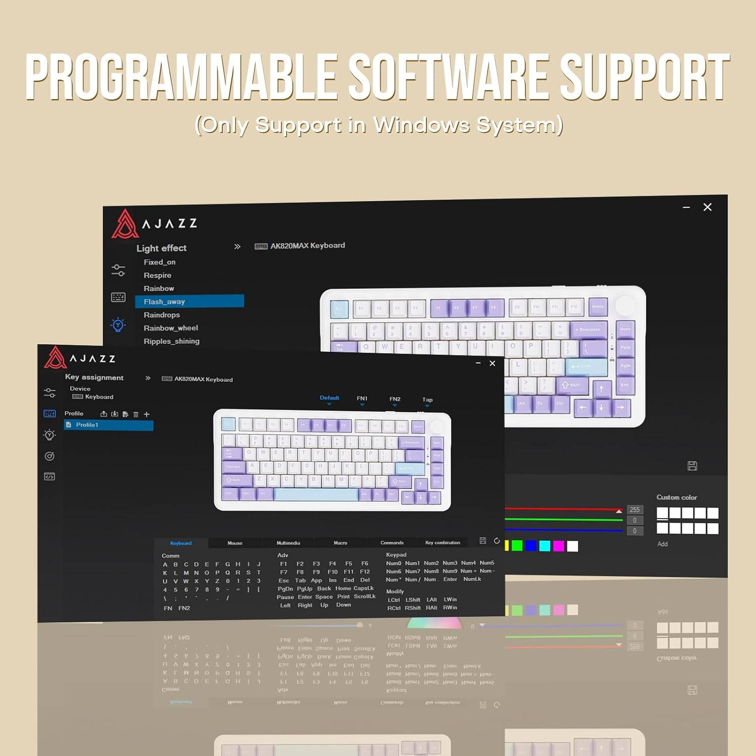 Mechlands AJAZZ AK820 MAX Upgraded Gasket Mechanical Keyboard, Bt5.0/Usb-C/2.4Ghz Wireless Gaming Keyboard, 75% Layout with 8000Mah Battery, Flex-Cut PCB, PC Plate, RGB for Win/Mac (Retro White) image number 6
