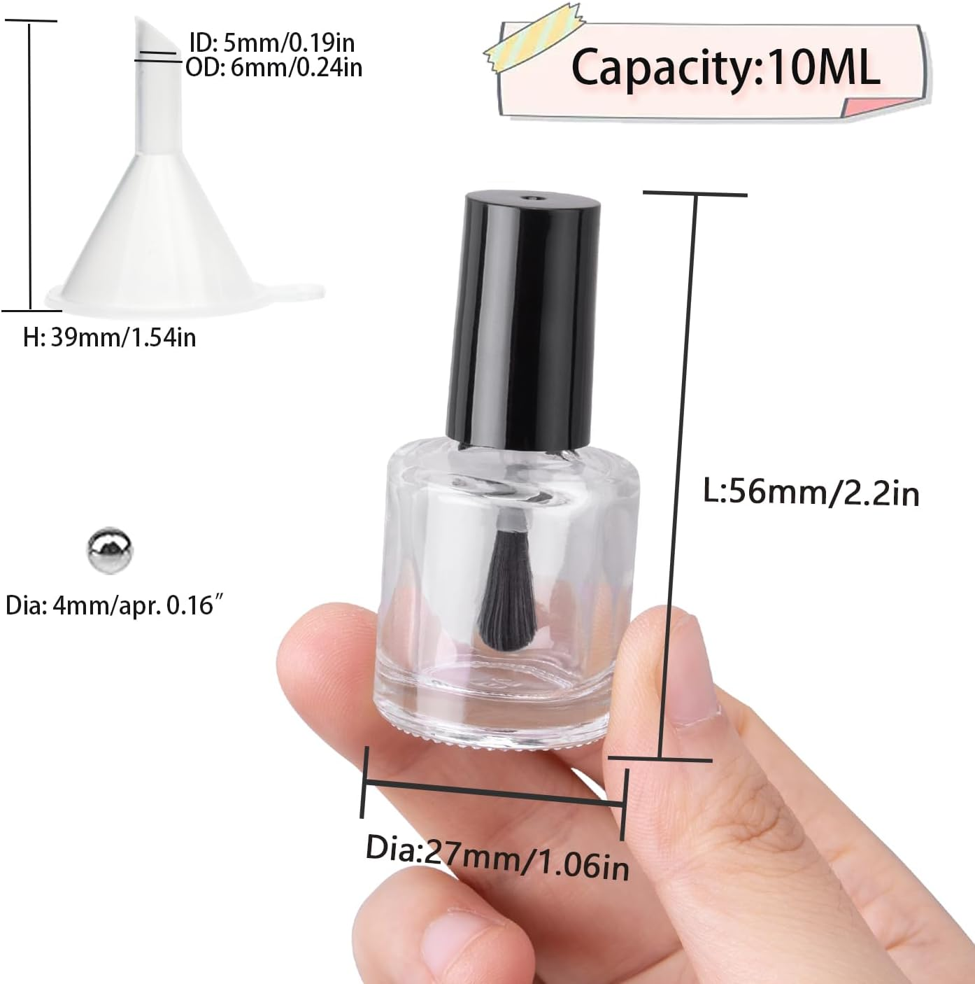 Agidea 2PCS Empty Nail Polish Bottles with Rounded Brush,Empty Glass Clear Refillable Nail Polish Containers Vials with Mixing Balls & Funnels & Black Cap for DIY Nail Art Samples (10ML)