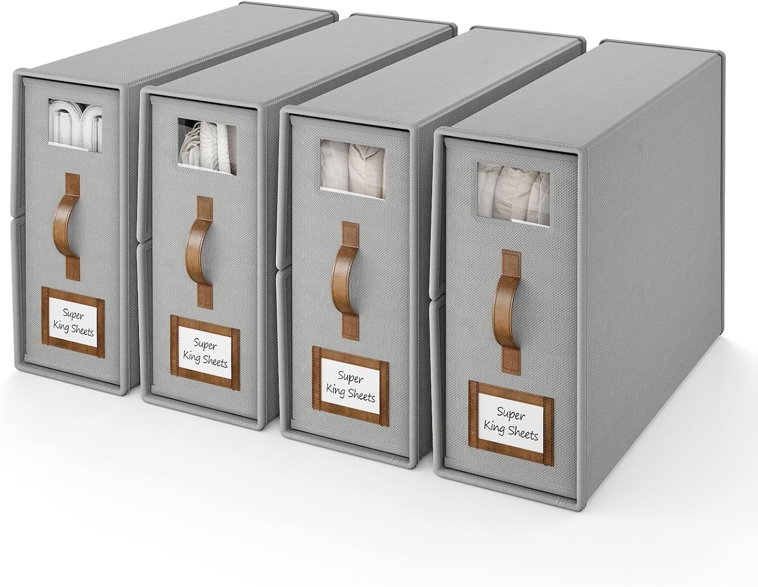 Bigponpon 4 Pack Bed Sheet Organizers and Storage,Foldable Sheet Organizer for Linen Closet(Super King Size),Linen Bedding Storage Box with Leather Handle for Bedsheets,Flannel Blankets,Thin Quilts