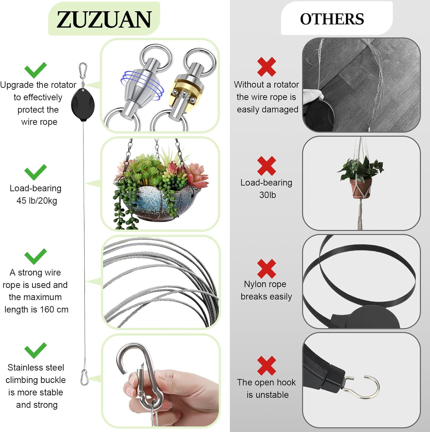 ZUZUAN 2 Pack 2024 Upgraded Heavy Duty Retractable Plant Hanger，Plant Pulleys for Hanging Plants,Easy to Raise and Lower,Auto Lock,Adjustable Hook for Garden Baskets Pots,Birds Feeder,Black - 3Pcs Balck image number 5