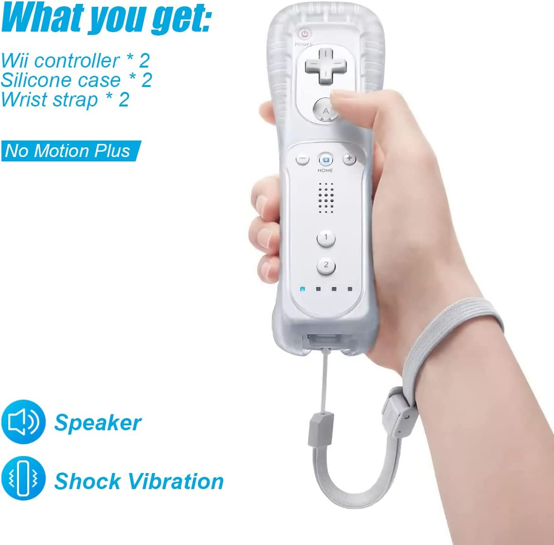 Wii Controller 2 Pack, Wii Remote Controller, with Silicone Case and Wrist Strap, TIANHOO Remote Controller for Wii/Wii U, White image number 5
