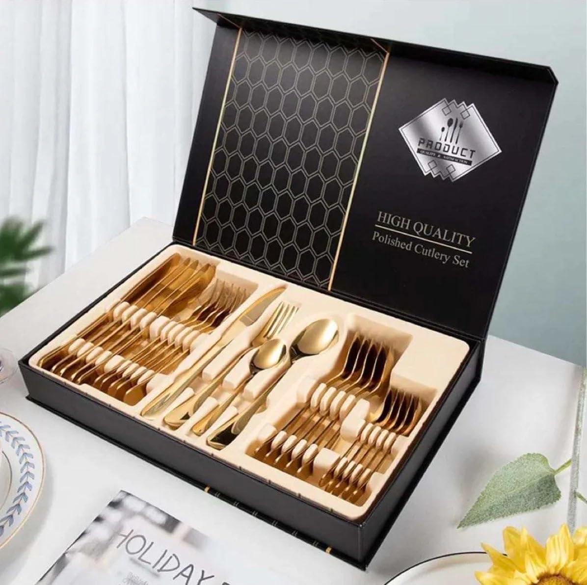 Bliss Gifts & Homewares Stainless Steel Cutlery Set & Wooden Box I Flatware Utensil Knife, Fork, Spoon with Storage Case I Food Safe, Non-Magnetic I for Wedding Party Dinner Table (Gold)