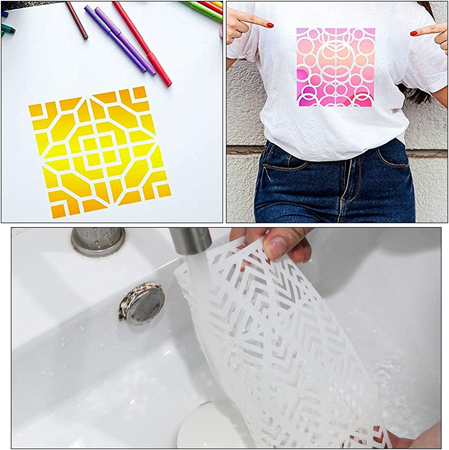 Emsea 16PCS Geometric Stencils Painting Templates Set for Scrapbooking Tile Furniture Wall Floor Decor Craft Drawing DIY Art Supplies 20X20Cm image number 3