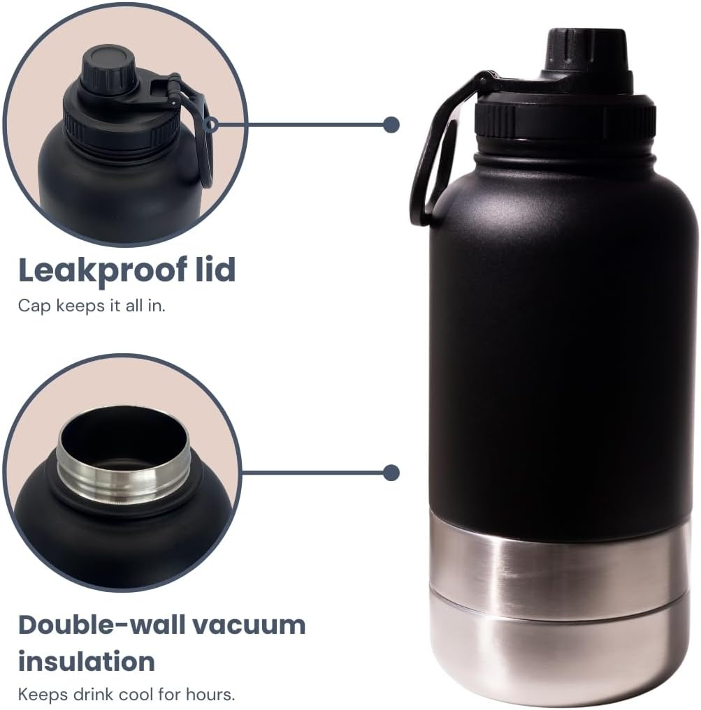 2-In-1 Dog Water Bottle & Food Dispenser, Insulated Stainless Steel Travel Bottle with Built-In Bowl, Portable Pet Hydration for Hiking & Outdoors (Black) image number 1