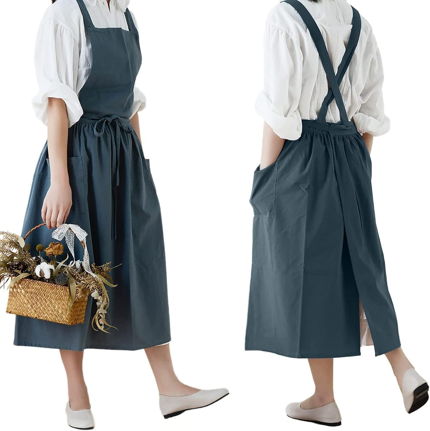 Japanese Cotton Linen Apron Adjustable for Women with Pockets, Fashion Pinafore Dress for Cooking Painting Gardening