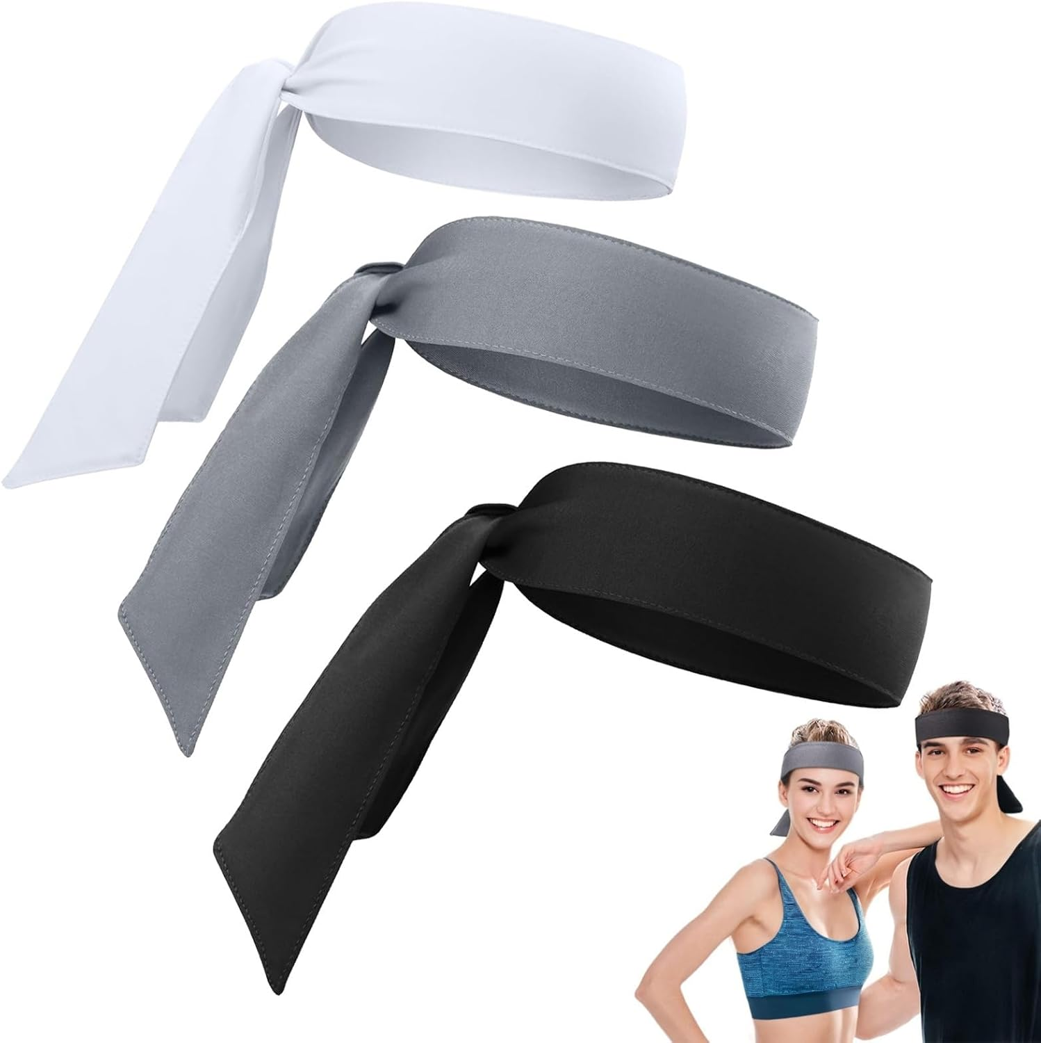 3 Pack Adjustable Sports Headbands for Men & Women - Sweat Absorption Tie Back Sweatbands for Basketball, Running, Tennis, and More image number 6