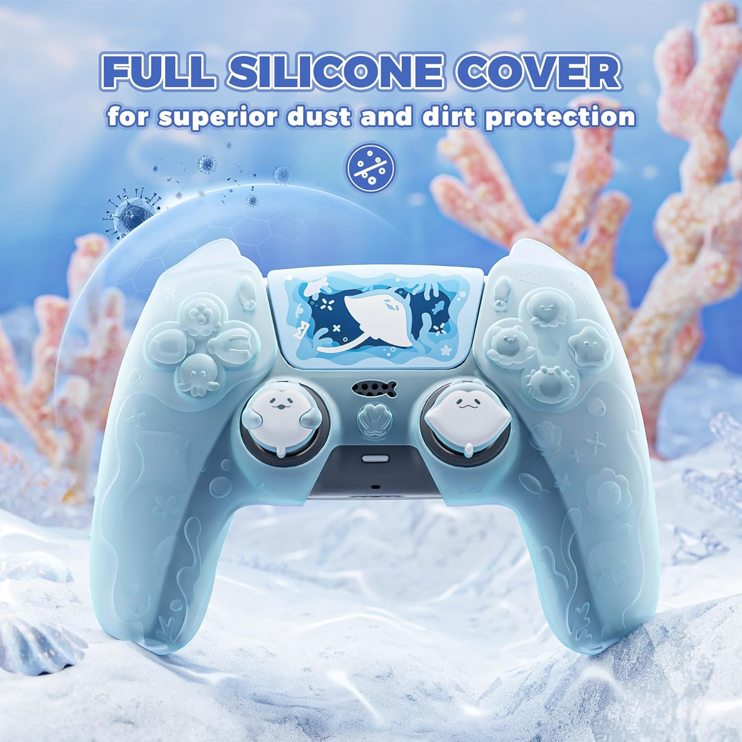Playvital for PS5 Controller Cover Skin - Cute Ocean Whisper Series Semi-Clear Silicone Case for PS5 Controller with Thumb Grip & Sticker, Charging Station Compatible, Full Protection - Mint Blue - Peach Pink image number 3
