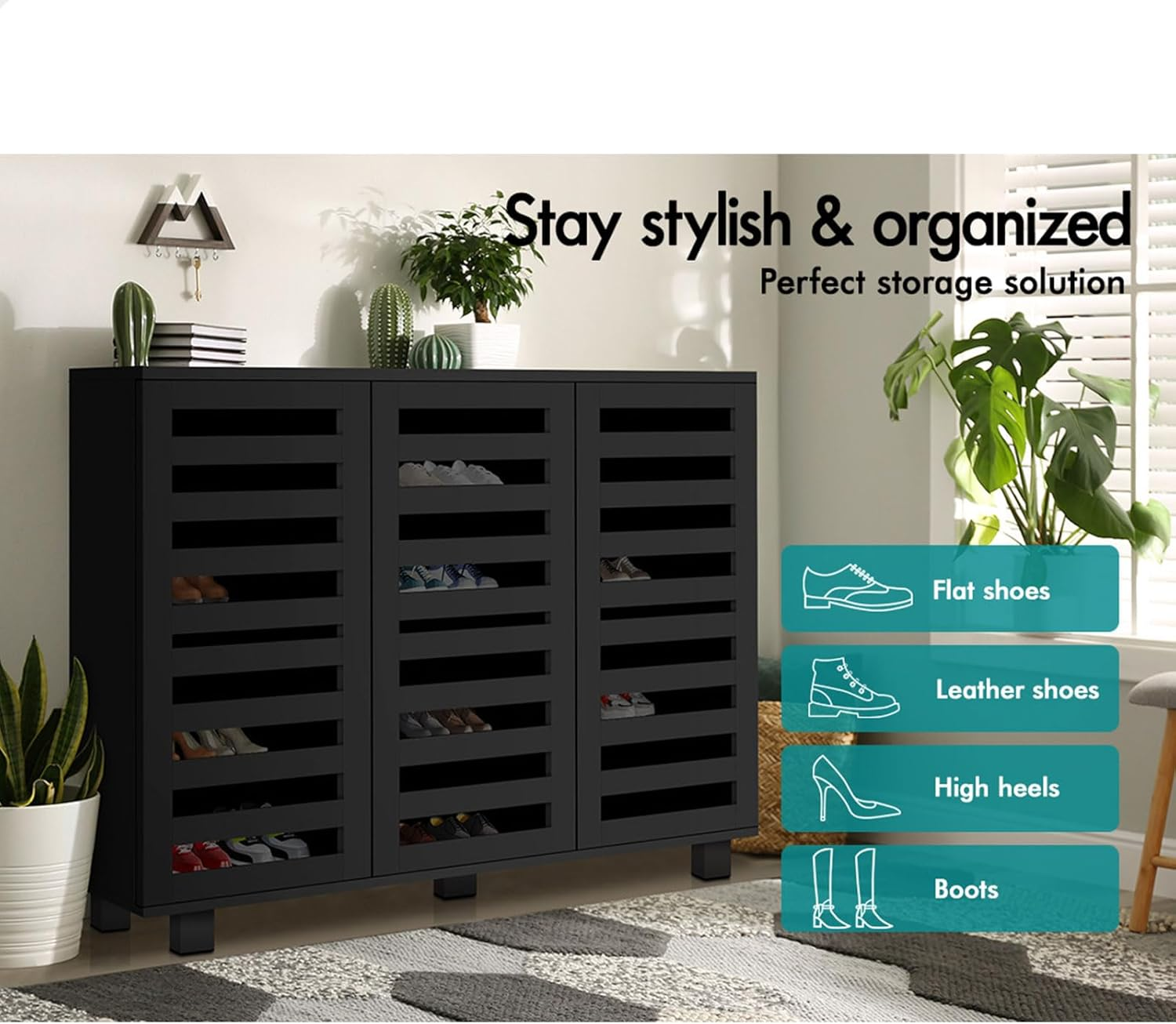 ALFORDSON Shoe Cabinet 30 Pairs Shoes Storage Rack Adjustable Cabinets Organiser Drawer Shelf with Slatted Doors, Wooden Home Furniture for Living Room, Entryway, Hallway, 97Cm Black