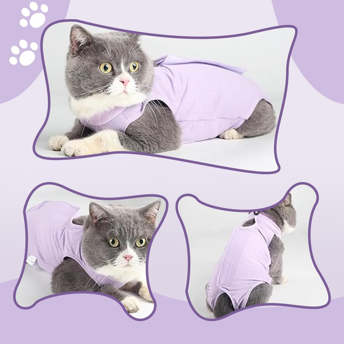 FMYODWU Post-Surgical Neutered/Neutered Cat Jersey, Cat Recovery Suit, Post-Surgical Cat Onesie, E-Collar Replacement for Dogs and Cats for Abdominal Wounds or Skin Disease (M, Purple)
