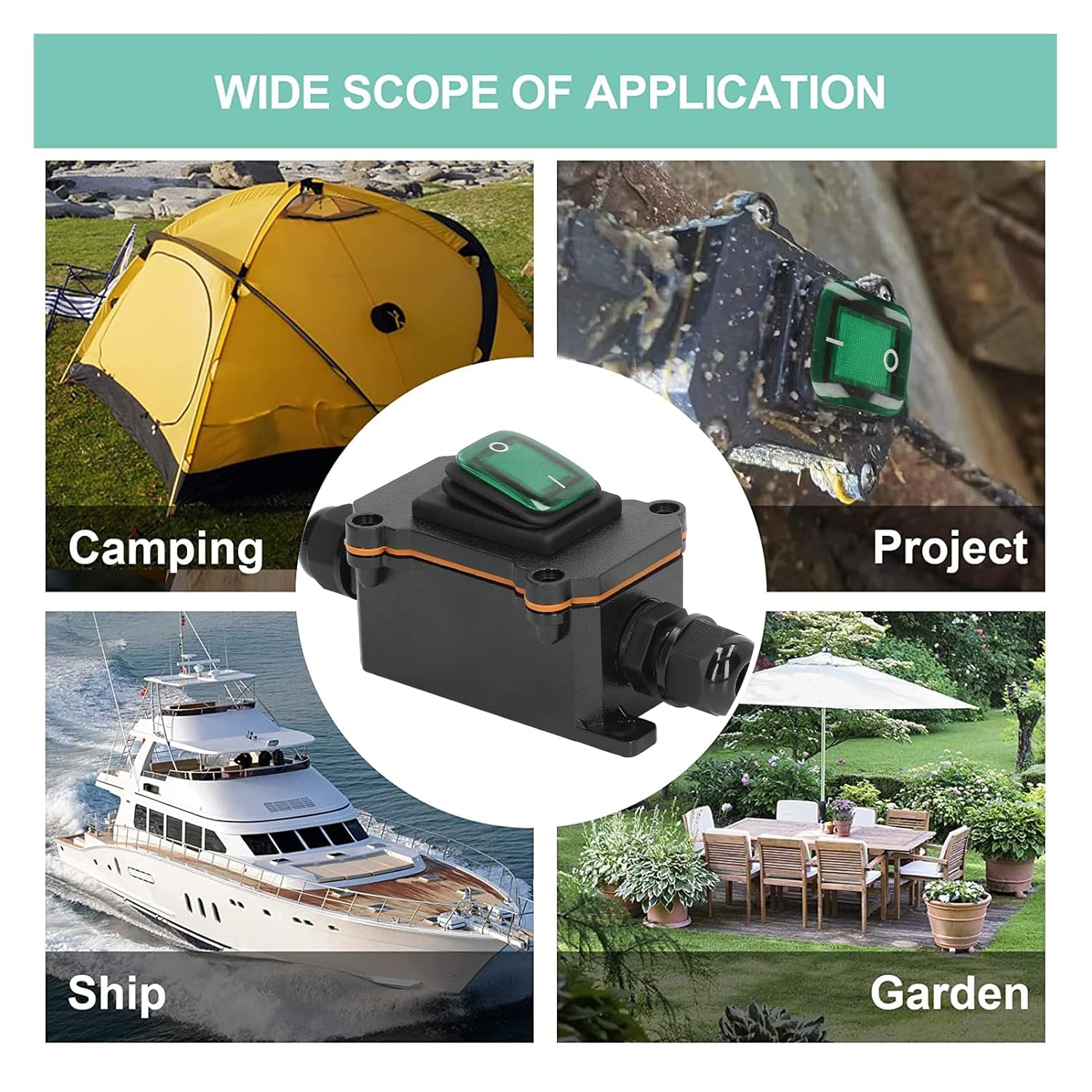 Inline Cord Switch, 4 Pin 2 Position on off Toggle Switch IP65 Waterproof on off Outdoor Toggle Switch with Rocker Button for High Power Appliances, Outdoor Equipment (Green) image number 3