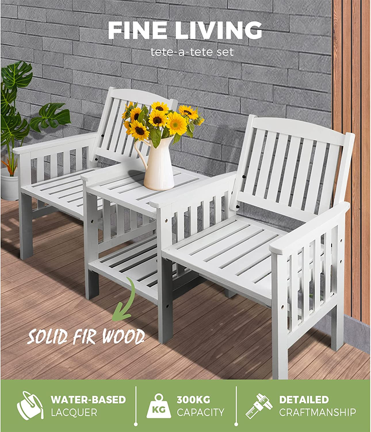 Livsip Outdoor Chair Wooden Garden Bench 2 Seat Table Loveseat Patio Furniture White