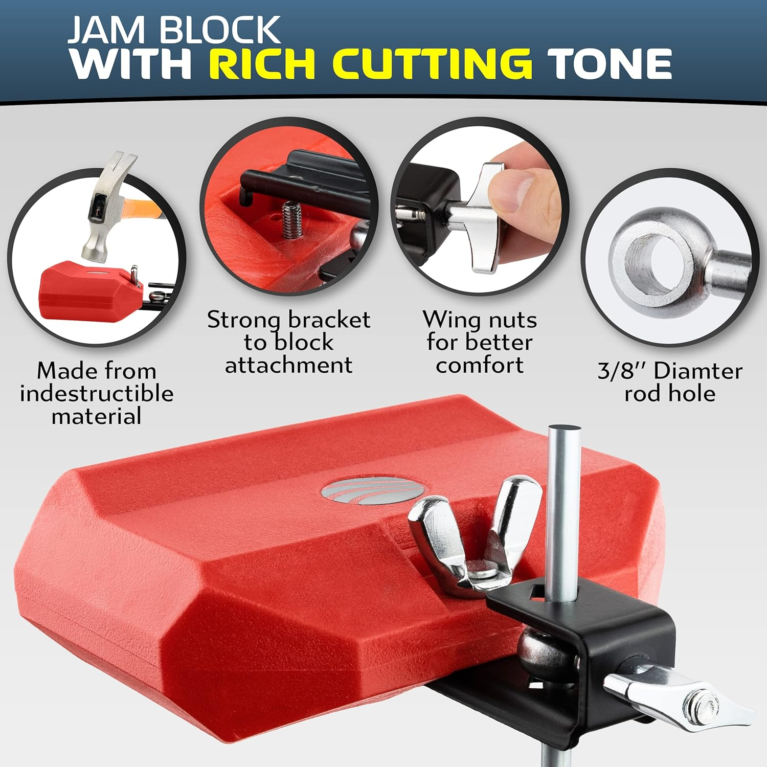 Jam Drum Block Latin Percussion Red Plastic Musical Instrument Adjustable Mount Bracket with A5 Maple Drum Sticks Set image number 5