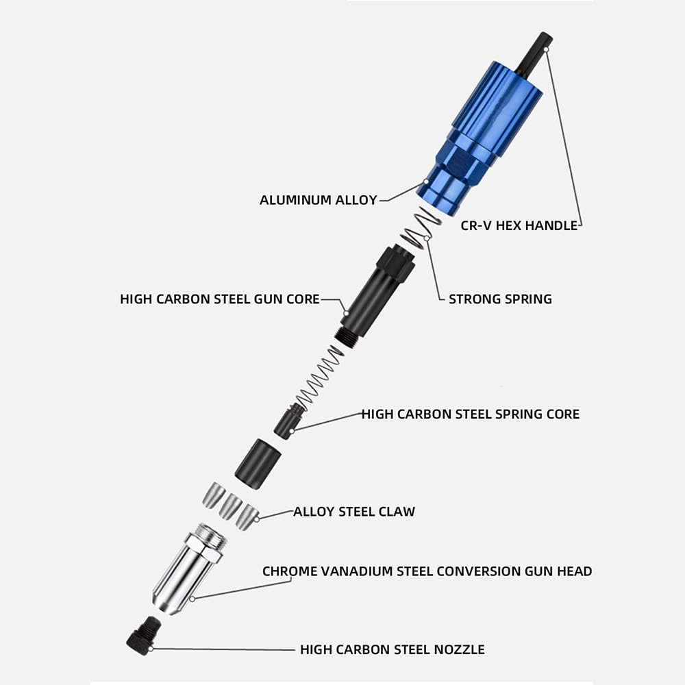 Rivet Gun Adapter for Electric Drill, Cordless Riveting Tool Kit Electric Riveter Power Hand Tool Fits for 3/32" 1/8" 5/32" 3/16" Rivets Nut image number 2