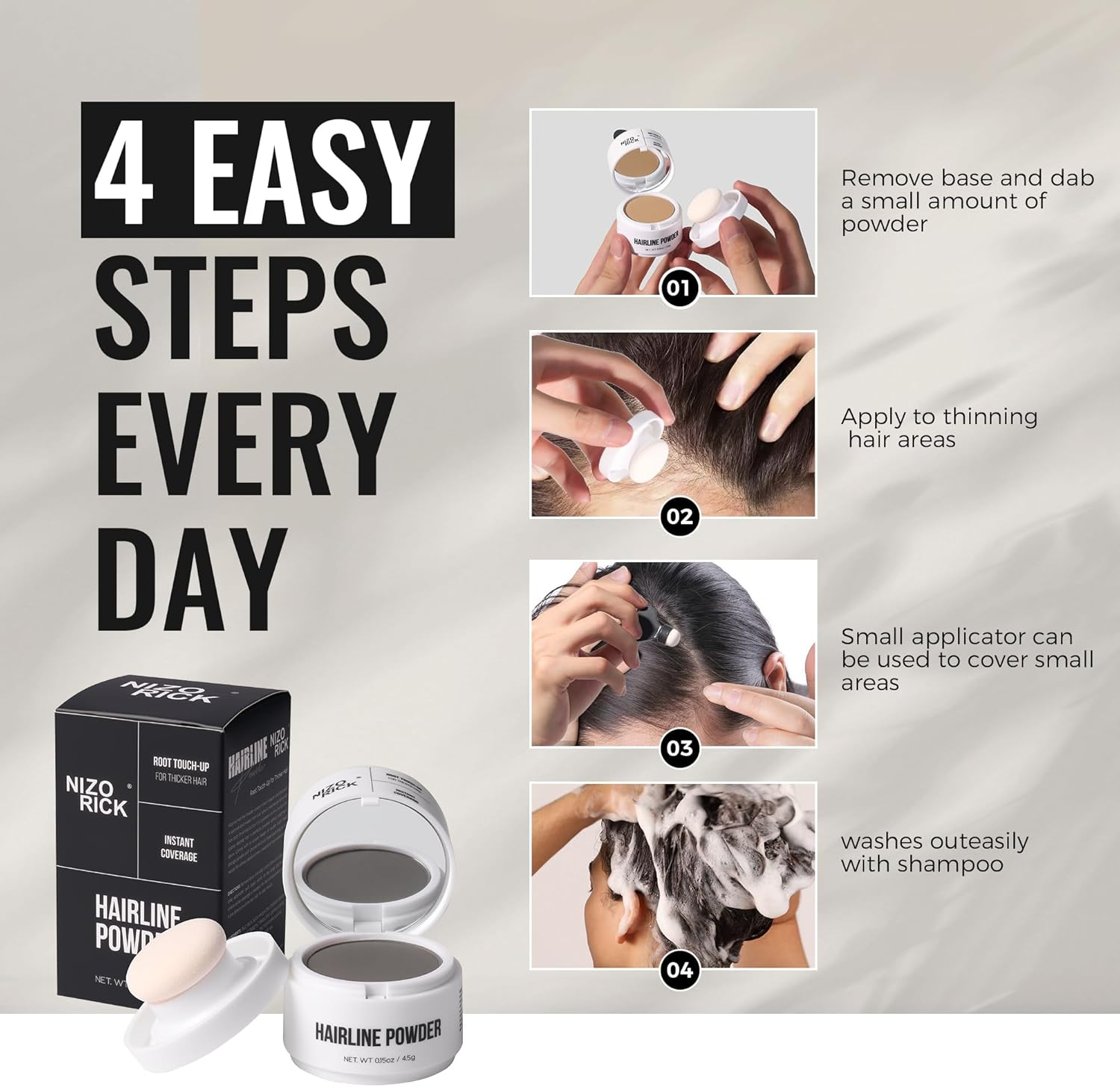 NIZORICK Hairline Powder,Root Touch up Hair Color, Instantly Conceals Hair Loss, Root Cover up Powder for Thinning Hair,Waterproof & Long Lasting 4.5G/0.15Oz (Black, S) image number 4