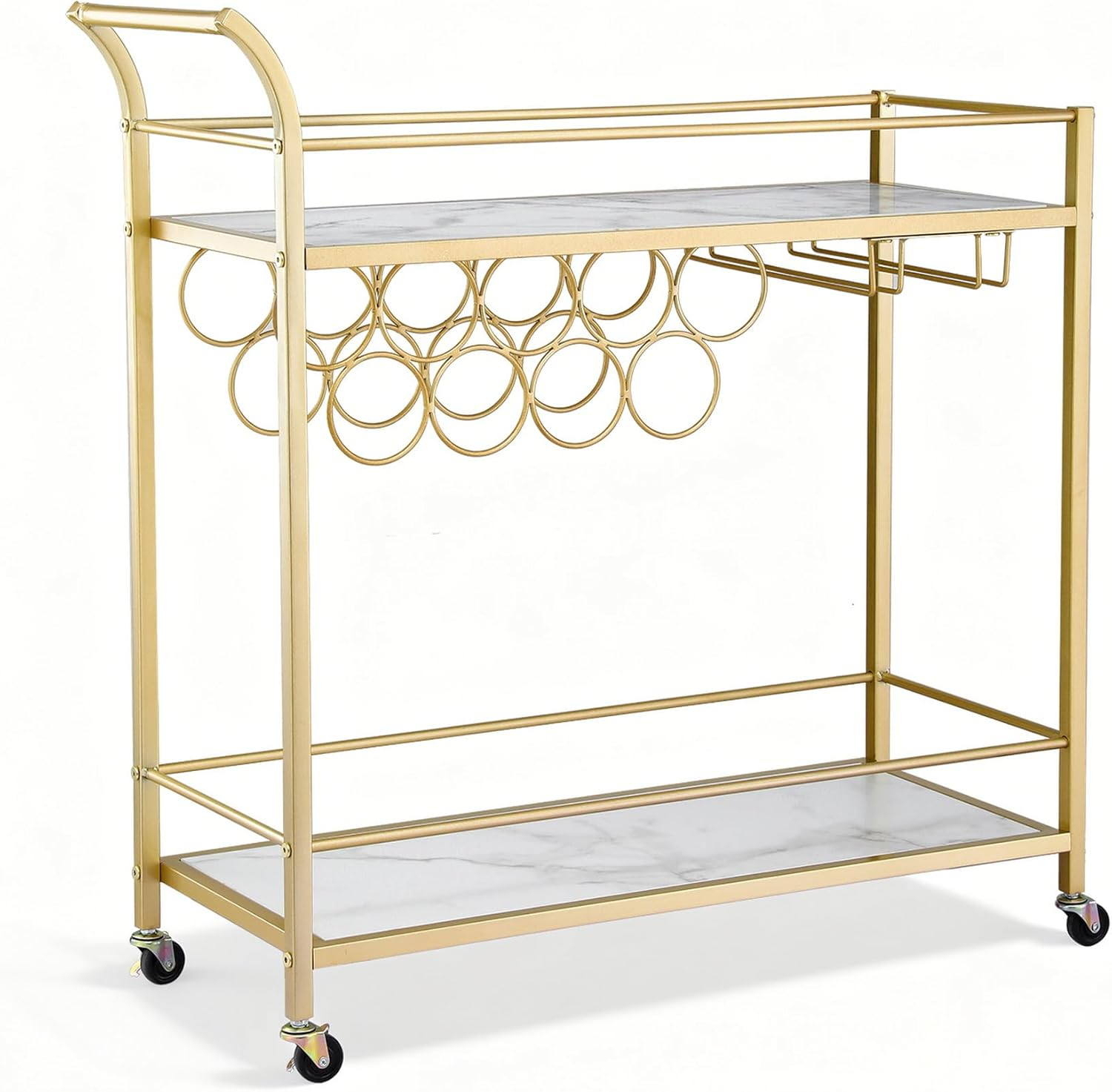 Artiss Bar Cart Drinks Trolley with Marble Effect Shelves, 2-Tier 85Cm Home Serving Cart with Wine Rack Glass Holders - 2 Lockable Wheels Perfect for Kitchen, Living Room, Outdoor, Curved Handle, Gold image number 2