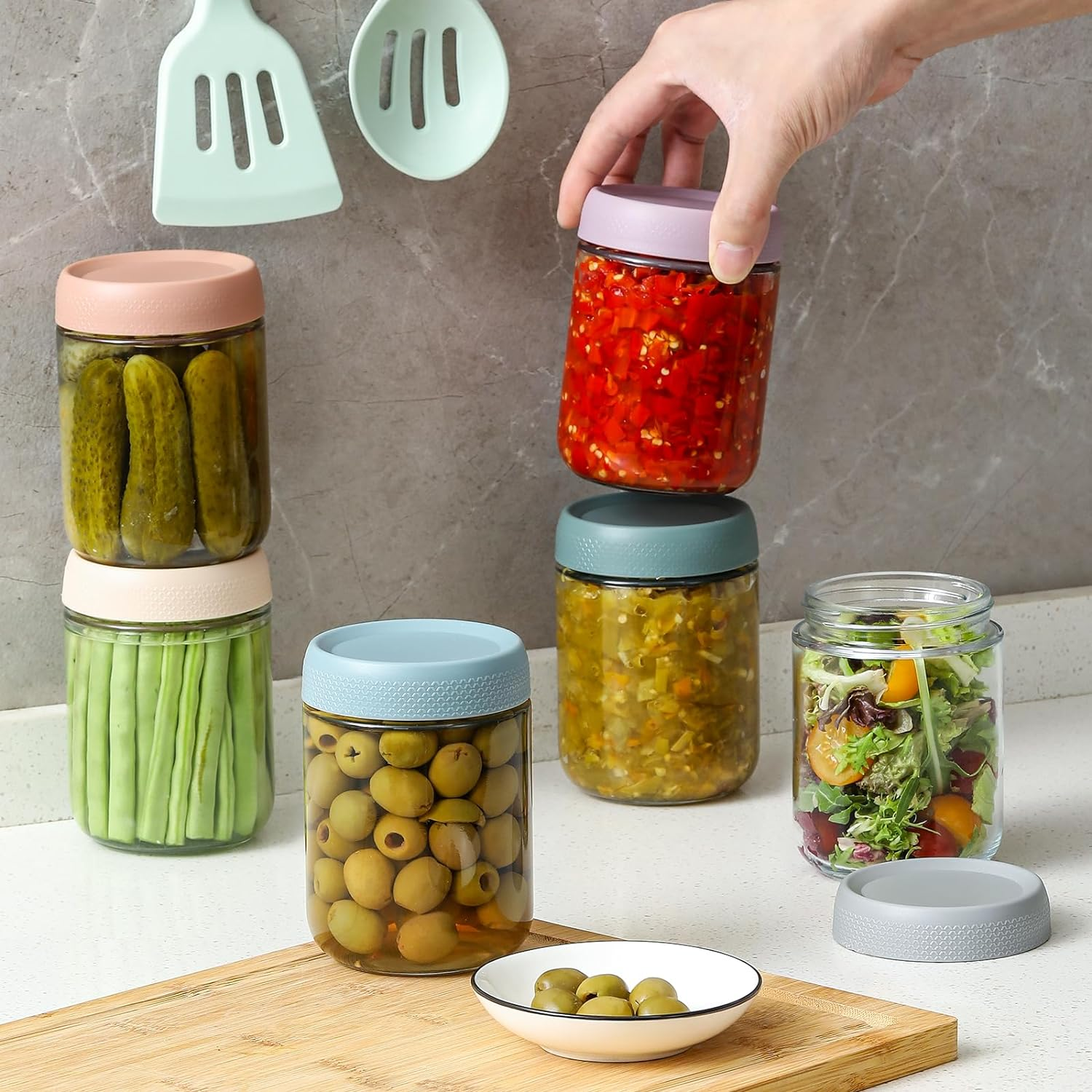 NETANY 6-Pack 16 Oz Overnight Oats Containers with Lids, Glass Jars with Airtight Lids, Wide Mouth Mason Salad Jars, Glass Food Storage Containers for Snacks Yogurt Spice Sugar