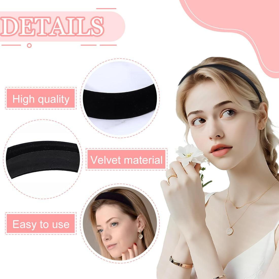 Set of 3 Velvet Hair Bands for Women, Black Hair Bands, Wide, Medium and Thin Hair Accessories, Fashion Hair Accessories for Women and Girls image number 2