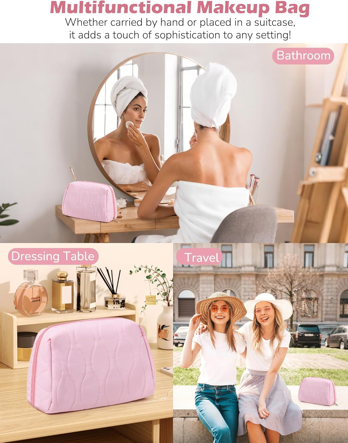 Makeup Bag, Travel Cosmetic Bag, Make up Organizer Case, Travel Toiletry Organizer, Wide-Open Pouch Purse, Cute Makeup Brushes Aesthetic Accessories Storage Bag for Women (Khaki) - Pink image number 4