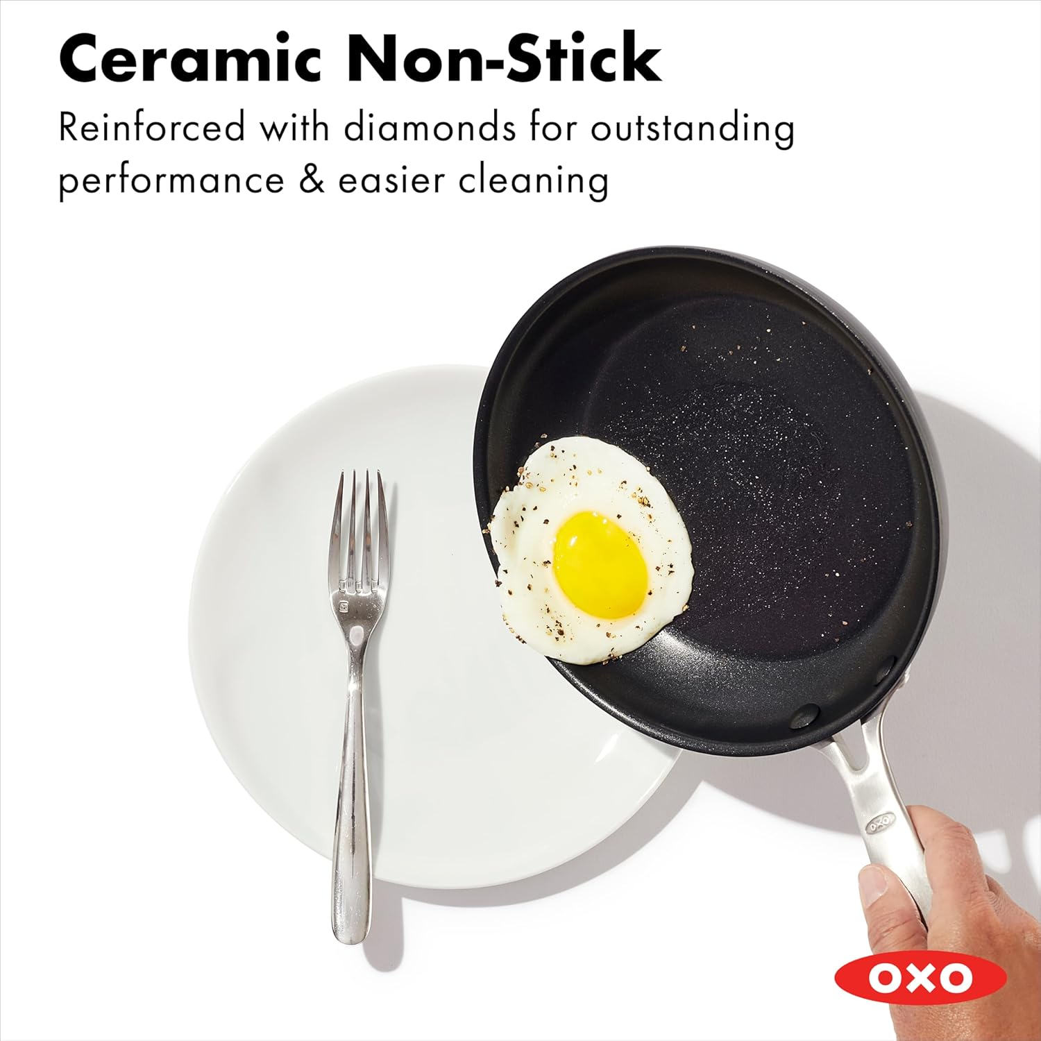 OXO Enhanced 8" and 10" Frying Pan Skillet Set, Healthy Ceramic Nonstick, Pfas-Free, Stainless Steel Handle, Dishwasher Safe, Oven Safe, Black image number 3