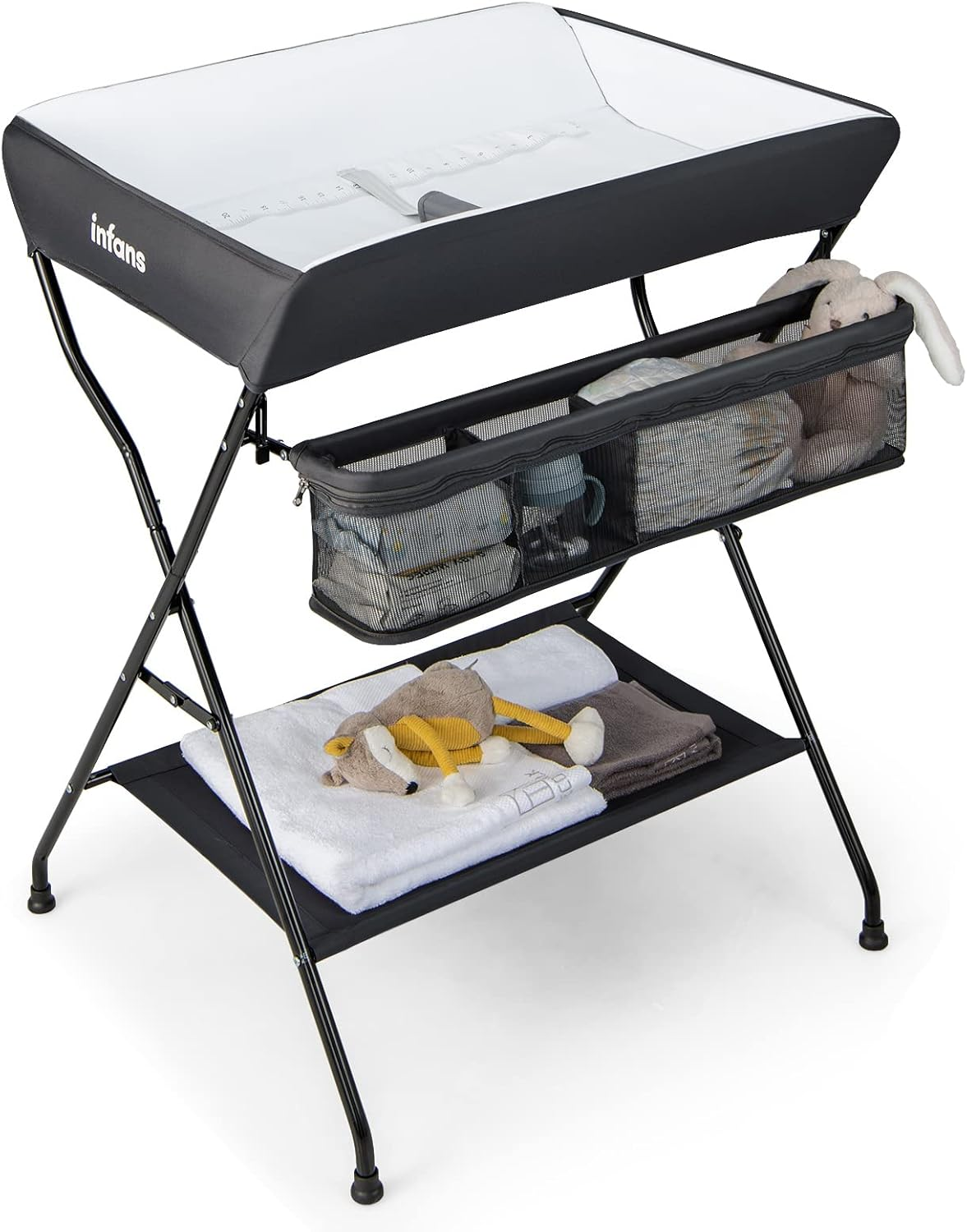 INFANS Baby Portable Changing Table, Infant Diaper Station with Storage Basket & Shelf, Foldable Nursery Organizer (Grey)