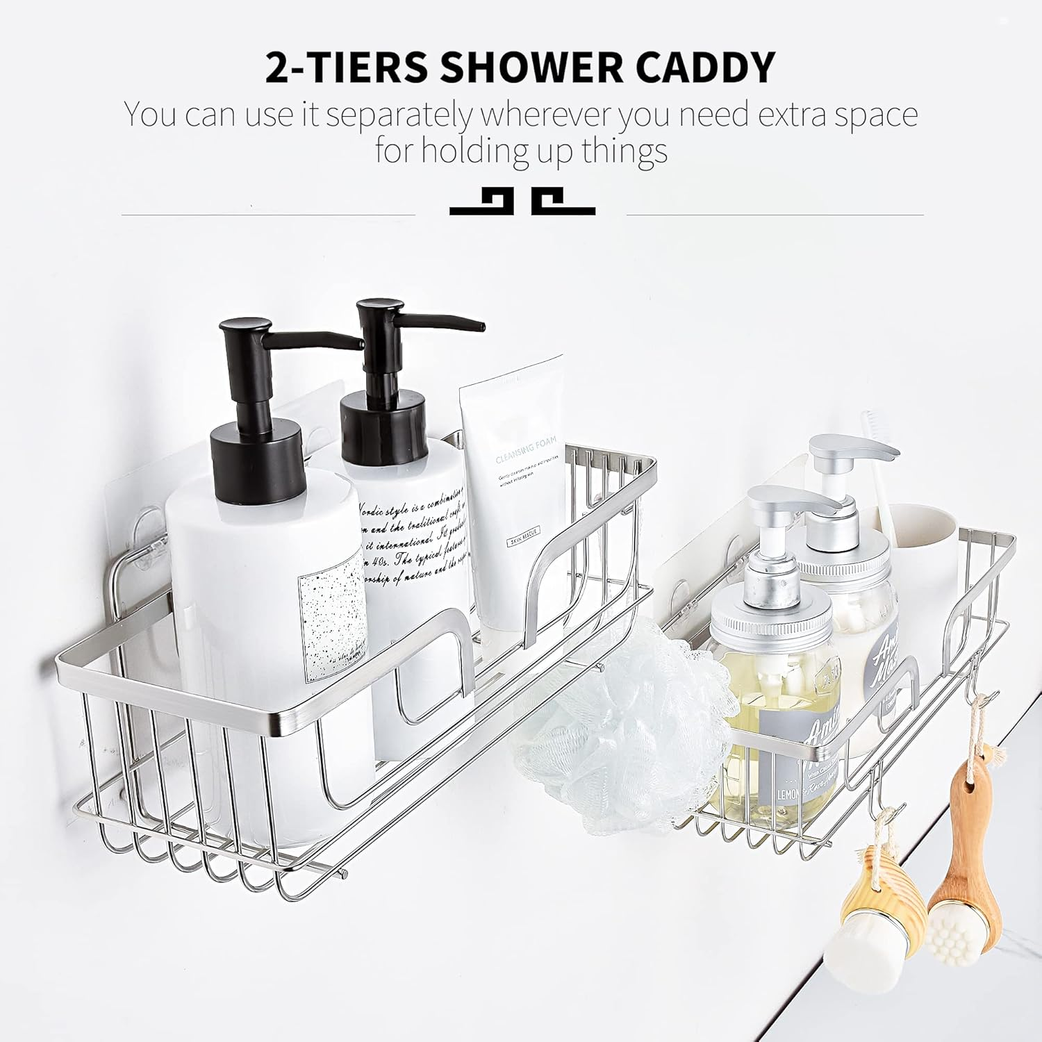 YOHOM Adhesive Shower Caddy Shampoo Holder Organizer with Hooks Shower Wall Shelf Storage Basket Stainless Steel 2 Pack Silver image number 1