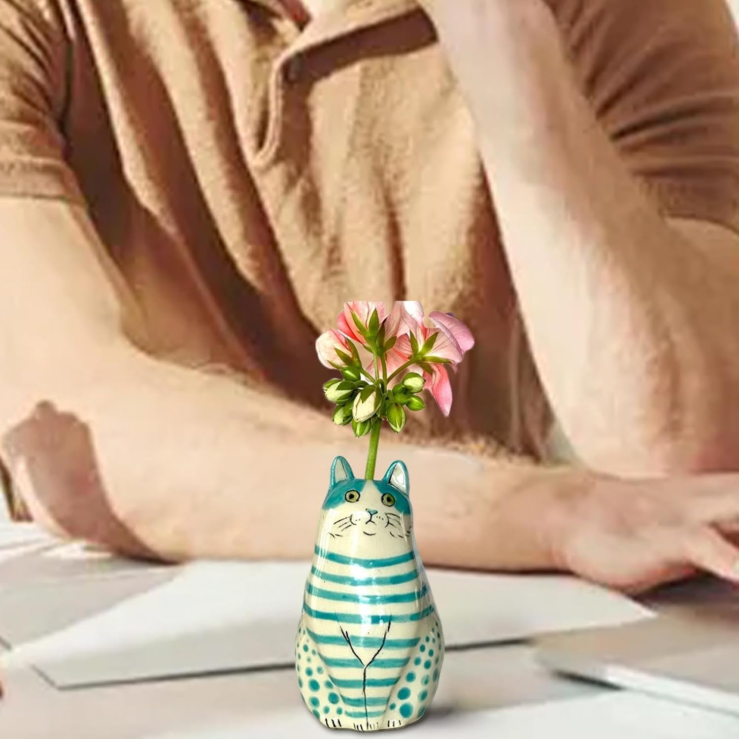 Polka Dot Cat Vase | Resin Cat Flower Bud Vase - Tiny Animal Vases for Cat Lovers, Home Decorations for Bookshelf, Table Decoration - Green image number 4