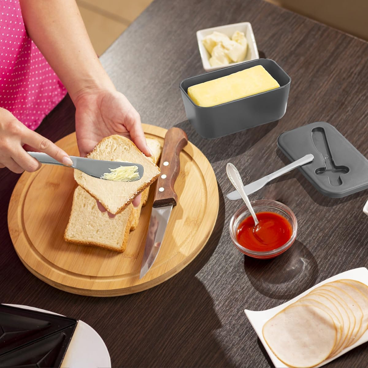 Butter Dish with Lid for Countertop and Refrigerator Door Shelf, Reanea Plastic Butter Holder Tray Container with Butter Knife, Easy Scoop Dishwasher Safe image number 1