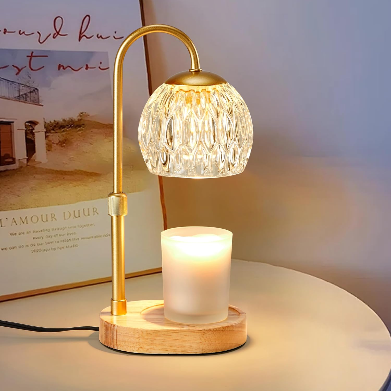 Dreamholder Candle Warmer Lamp, Glass Electric Wax Melter Lamp with Timer & Dimmer, Vintage Wax Warmer Adjustable Height for Various Sizes Scented Candles for Home Decor Gifts, 2X50W Bulbs, Black