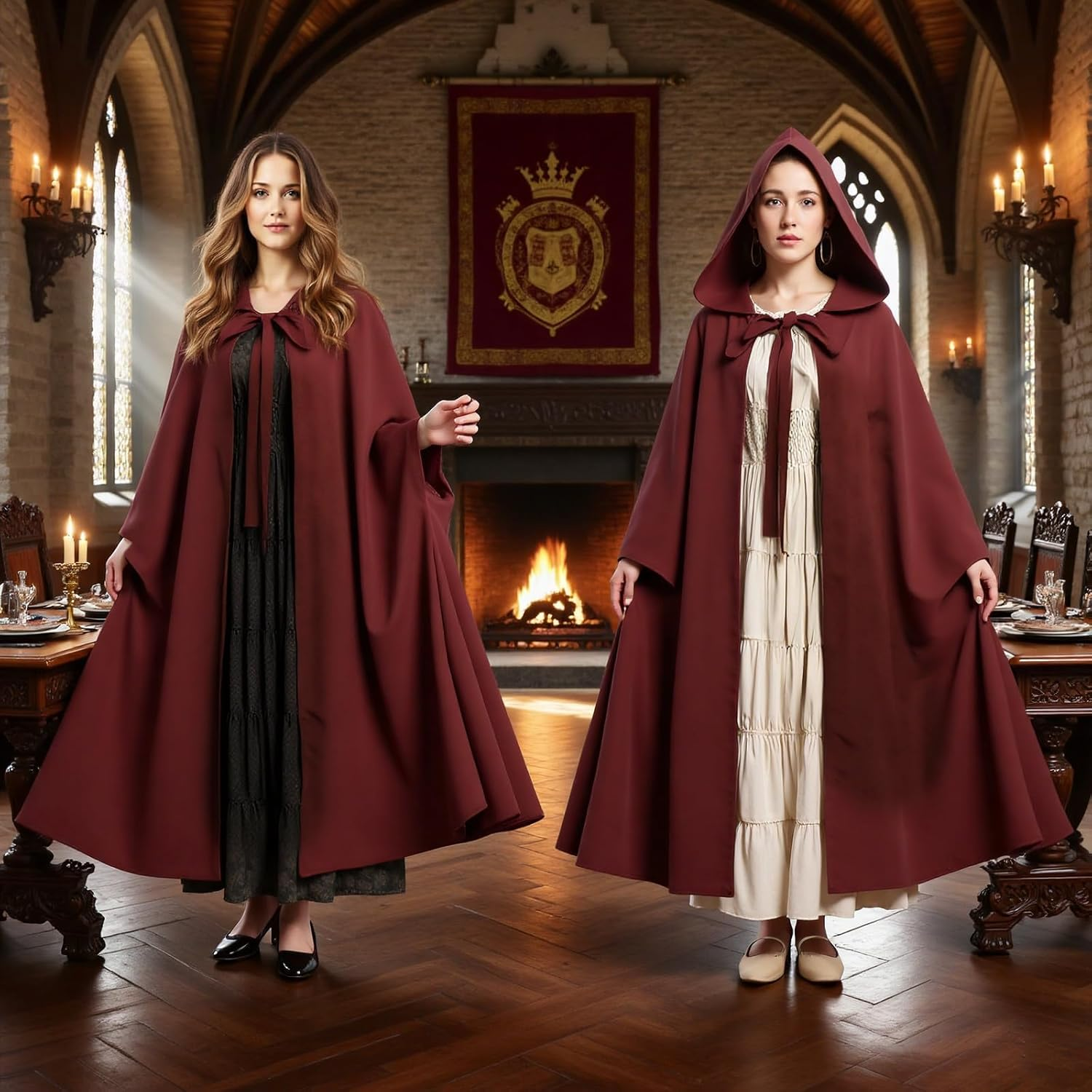 Hapurs Hooded Cloak Robe Costume Cape with Hood Halloween Tunic Hooded Uniform Cape with Hood Renaissance Medieval Costume Witch Vampire Cloak Cosplay image number 4