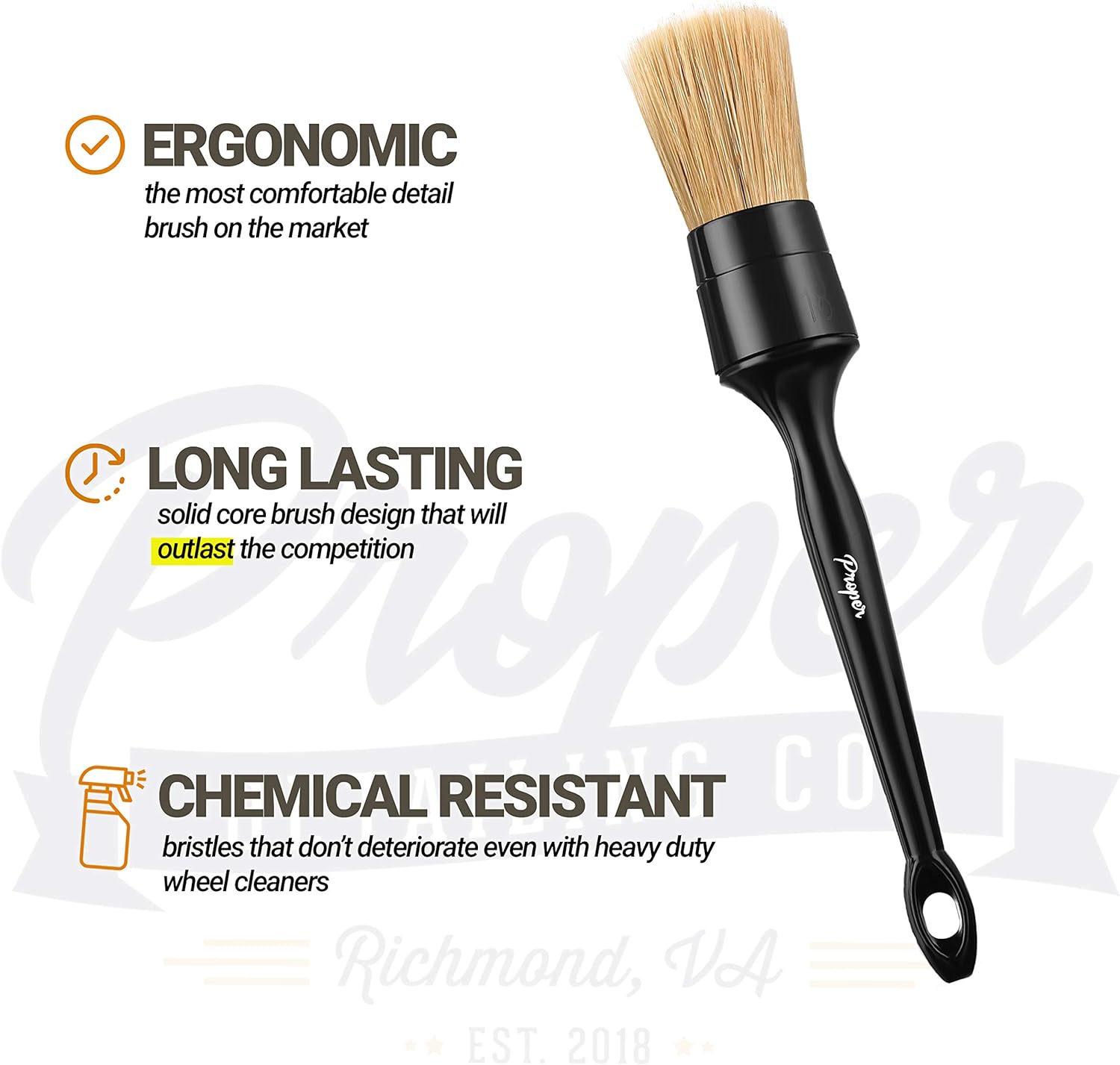 Proper Detailing CO. Car Detailing Brush Set, 3 Pack Natural Boars Hair Detailing Brushes, Clean Interior or Exterior, Wheels, Tires, Engine Bay, Leather Seats, Car Detailing Kit, Detailing Brush image number 2