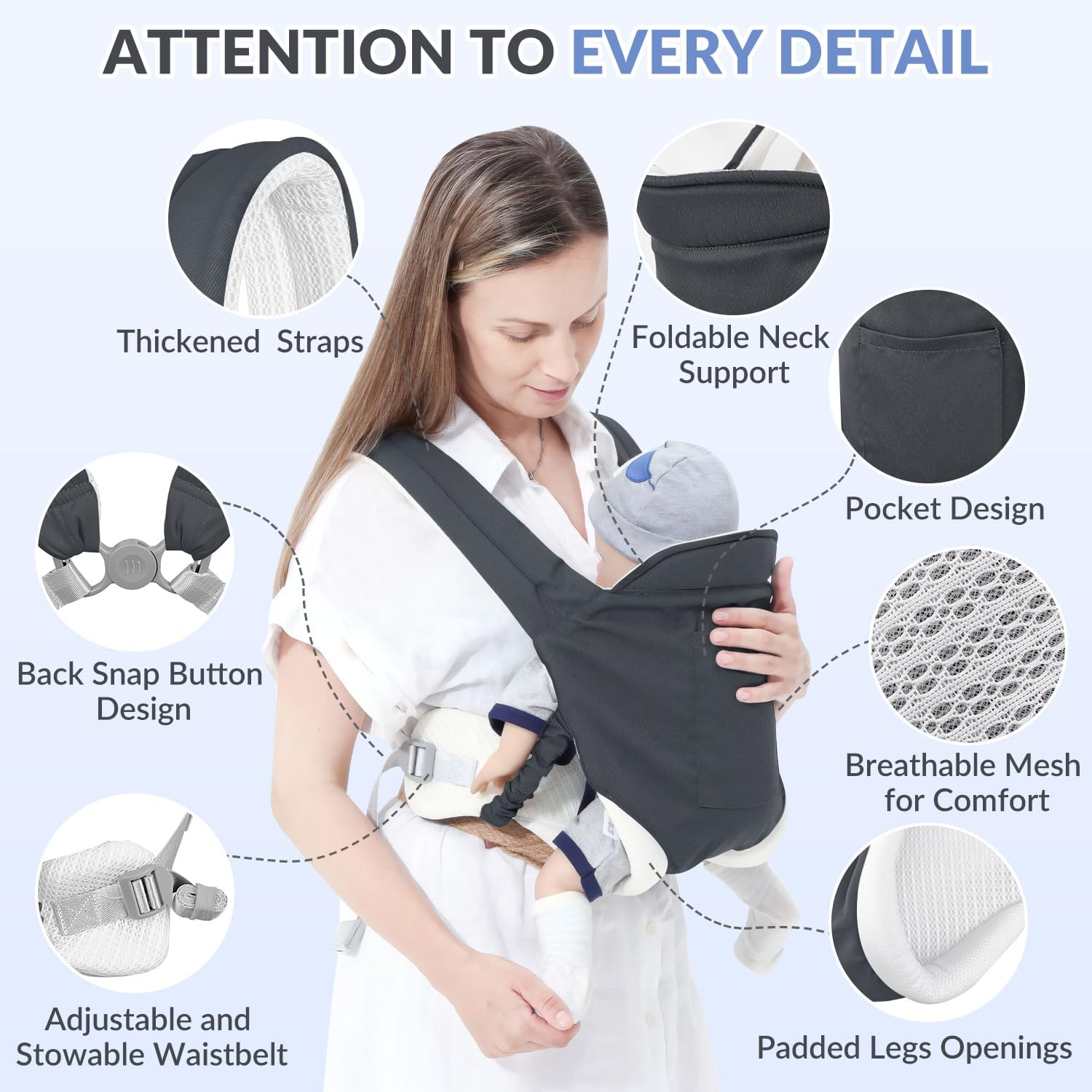 Slowton Baby Carrier for Infant to Toddler 7-55Lbs, Ergonomic Breathable Baby Carrier with Adjustable Shoulder Strap, Baby Drool Bib & Knee Support, Easy to Wear, Perfect for Summer Outing (Grey) image number 2