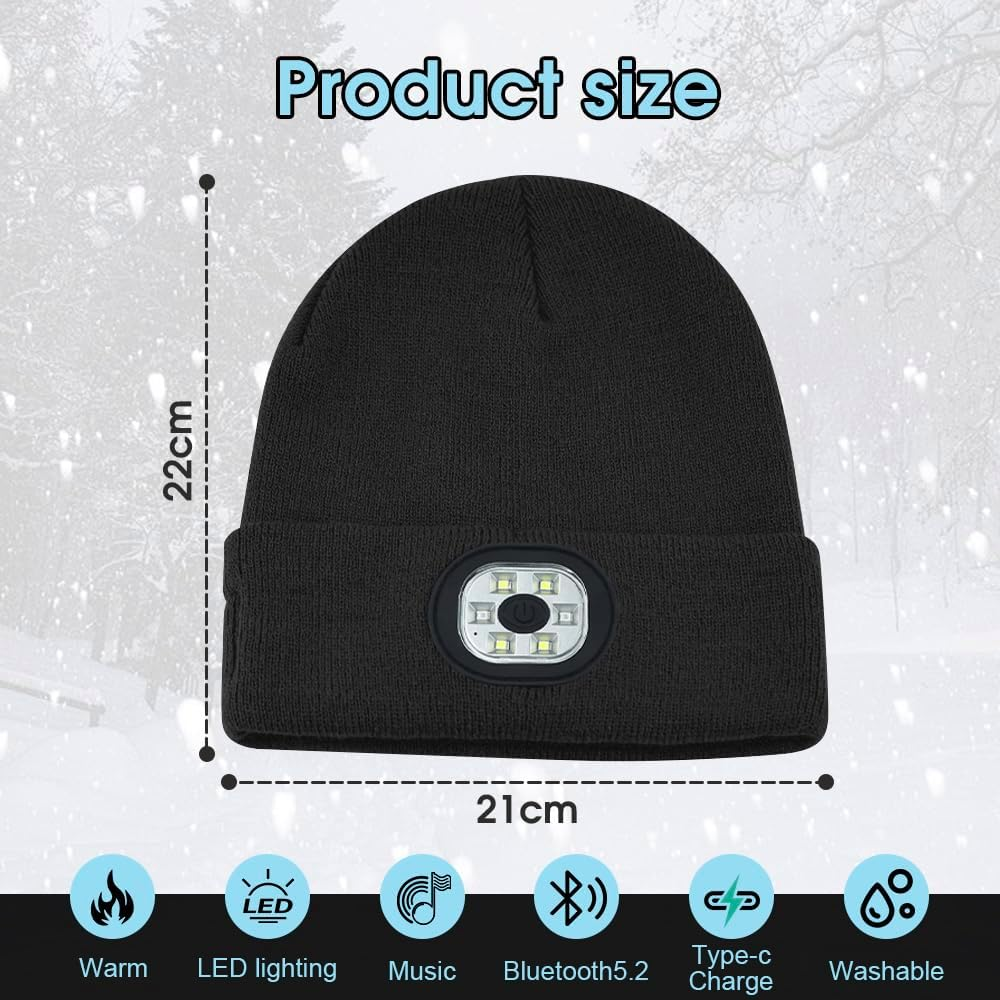 Sonicefit Bluetooth Beanie Music Hat with Light, Rechargeable LED Headlamp Knit Cap with Built-In Wireless Headphones & Mic, Unisex Winter Warm Hat - Black image number 6