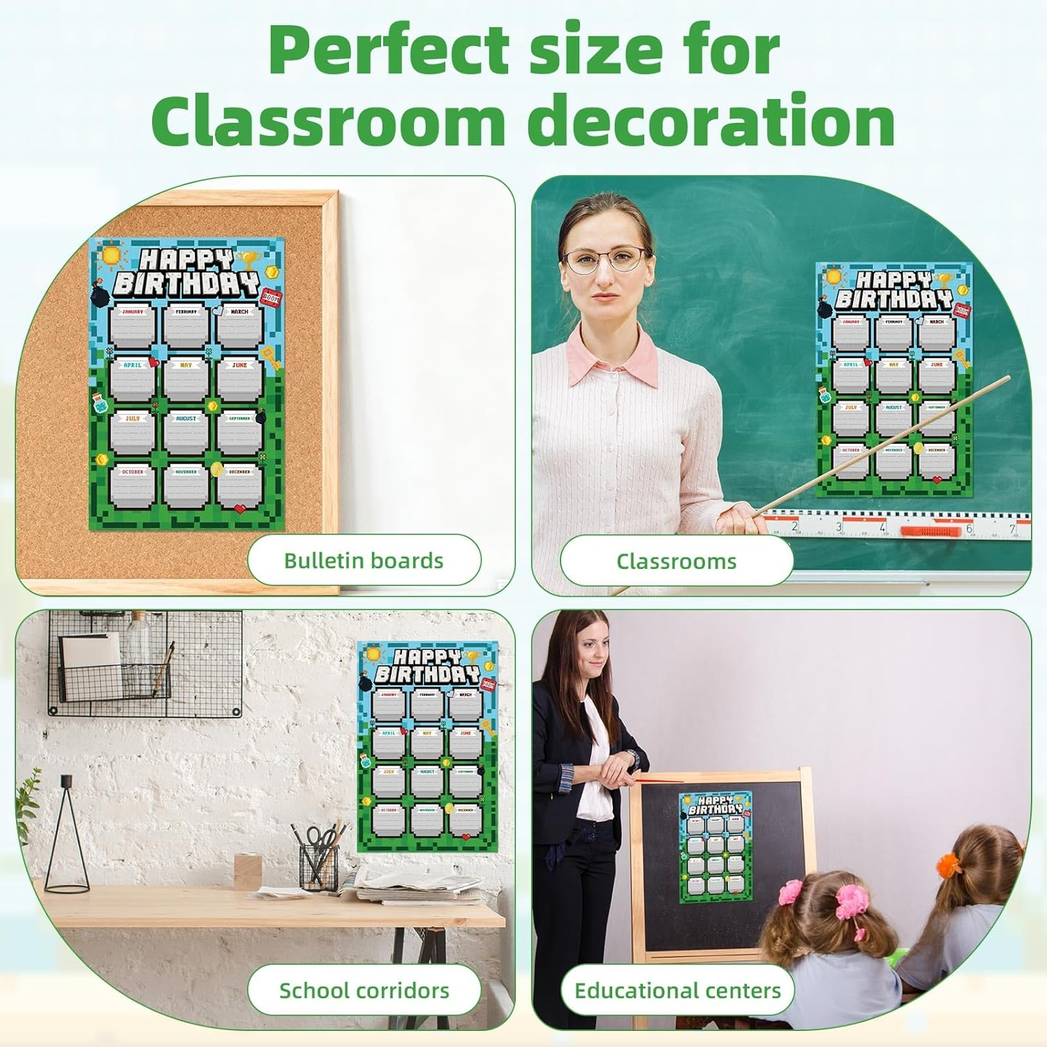 SAVITA 4Pcs Happy Birthday Calendar Chart, Reusable Birthday Calendar Poster Classroom Bulletin Board Decor for Back to School Teacher Supplies Wall Decoration