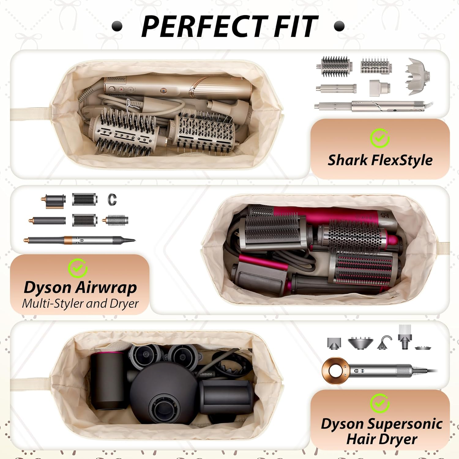 Linpr Shark Flex Style Case, Travel Hair Dryer Bag Compatible with Dyson Airwrap, Quilted Hair Tool Organizer Bag with Bow Pattern, Portable Carrying Case for Flat Curling Iron Accessories (Beige)