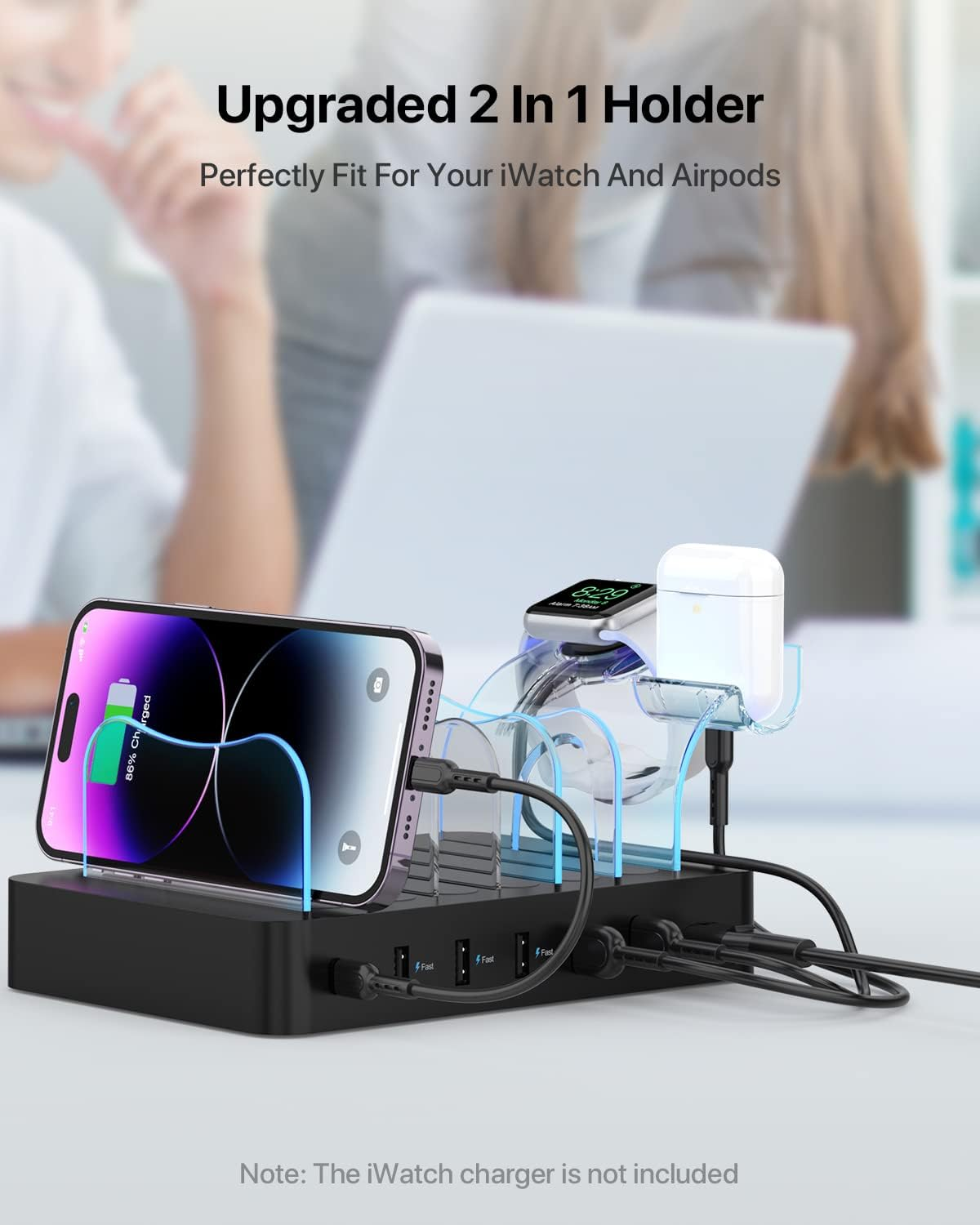 Soopii 60W 6 Port USB Charging Station for Multiple Devices, PD 20W USB C Fast Charging for Lphone 14/13/12,6 Short Cables Included, 2 in 1 Holder,For Phones,Tablets and Others - White image number 6