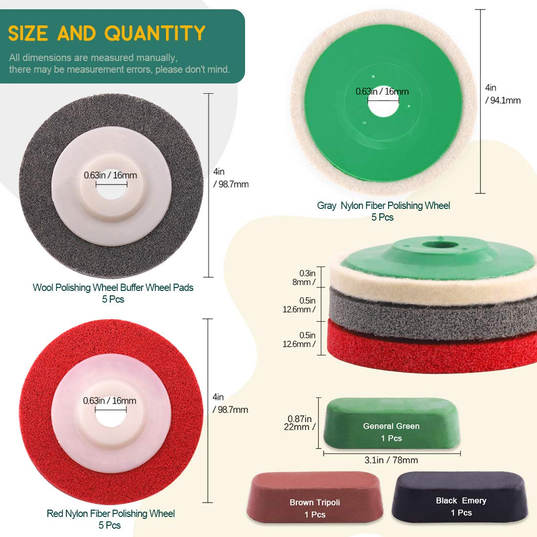 Keadic 18Pcs 4 Inch Wool Felt Polishing Wheel Disc Kit Includes Wool Felt Disc Wheel Pad and Buffing Polishing Compounds, Wool Polishing Wheel Buffer Pads Wool Polishing Disc for Marble image number 1